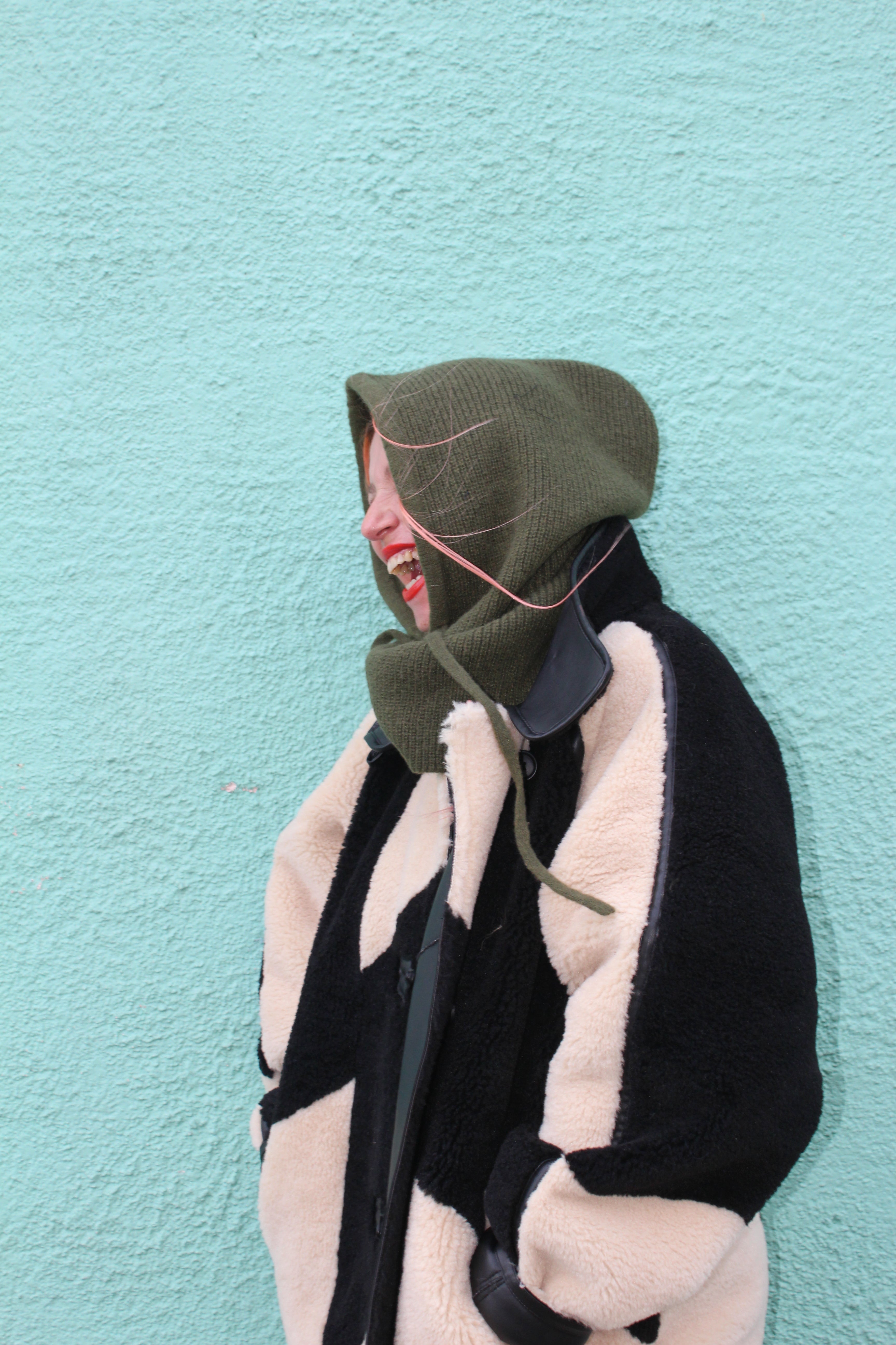 Proud peach silky lined cashmere blend snood in khaki green