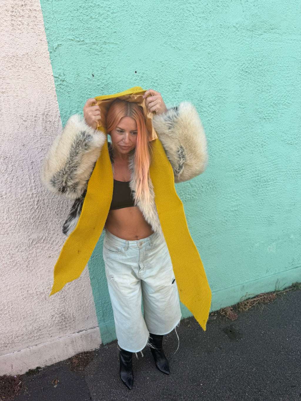 The Silky Lined Hood Scarf in mustard yellow
