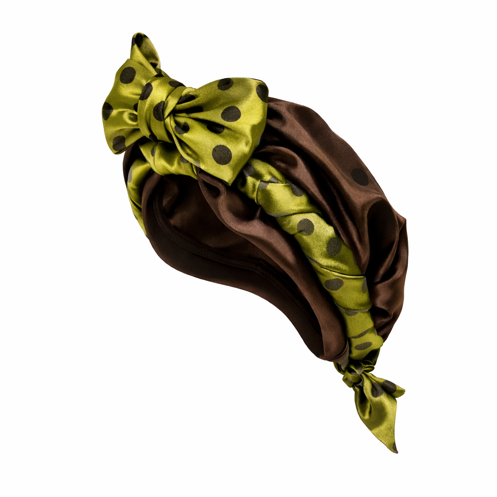 premium range proud movement hair wrap in brown and olive spotty