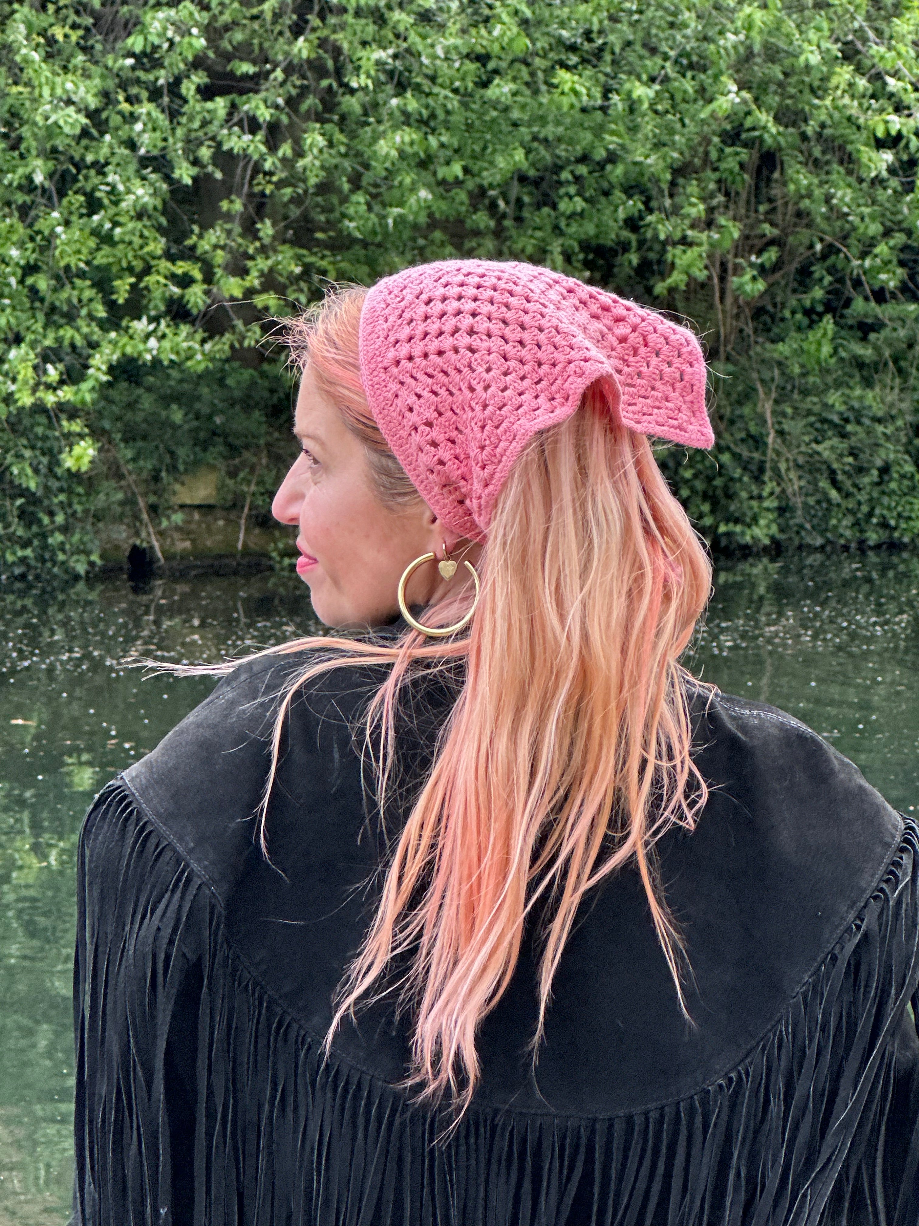 Proud peach hair bandana silky lined in rose pink