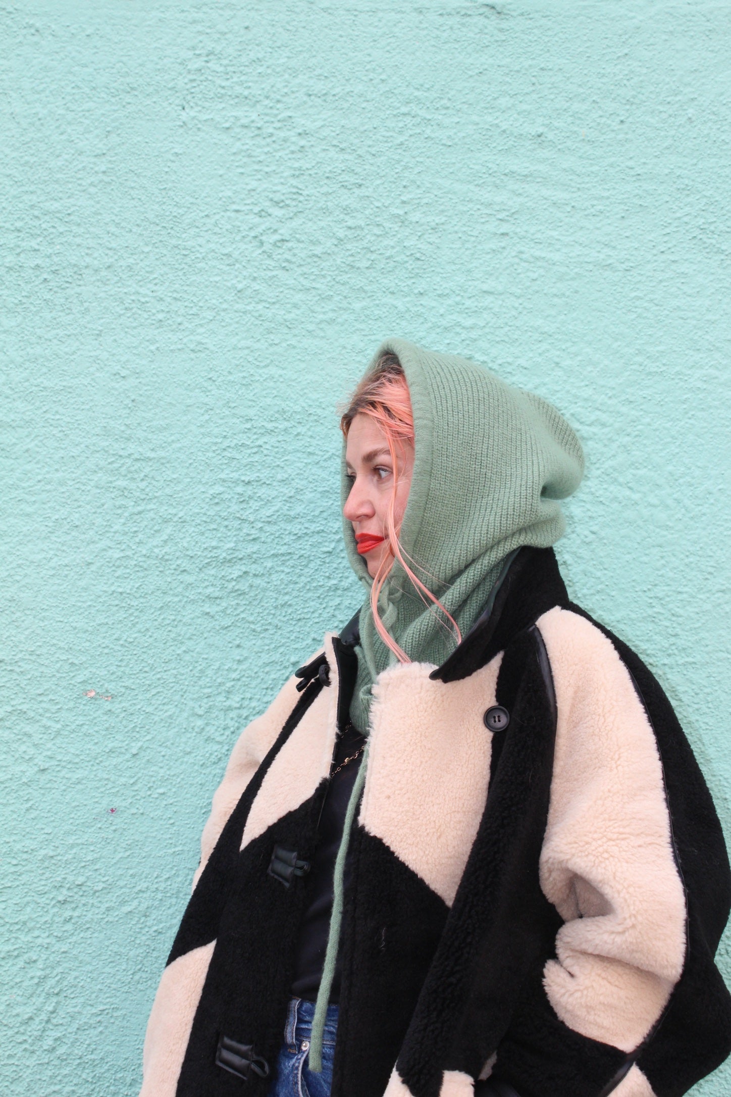 Proud peach silky lined cashmere blend snood in sage