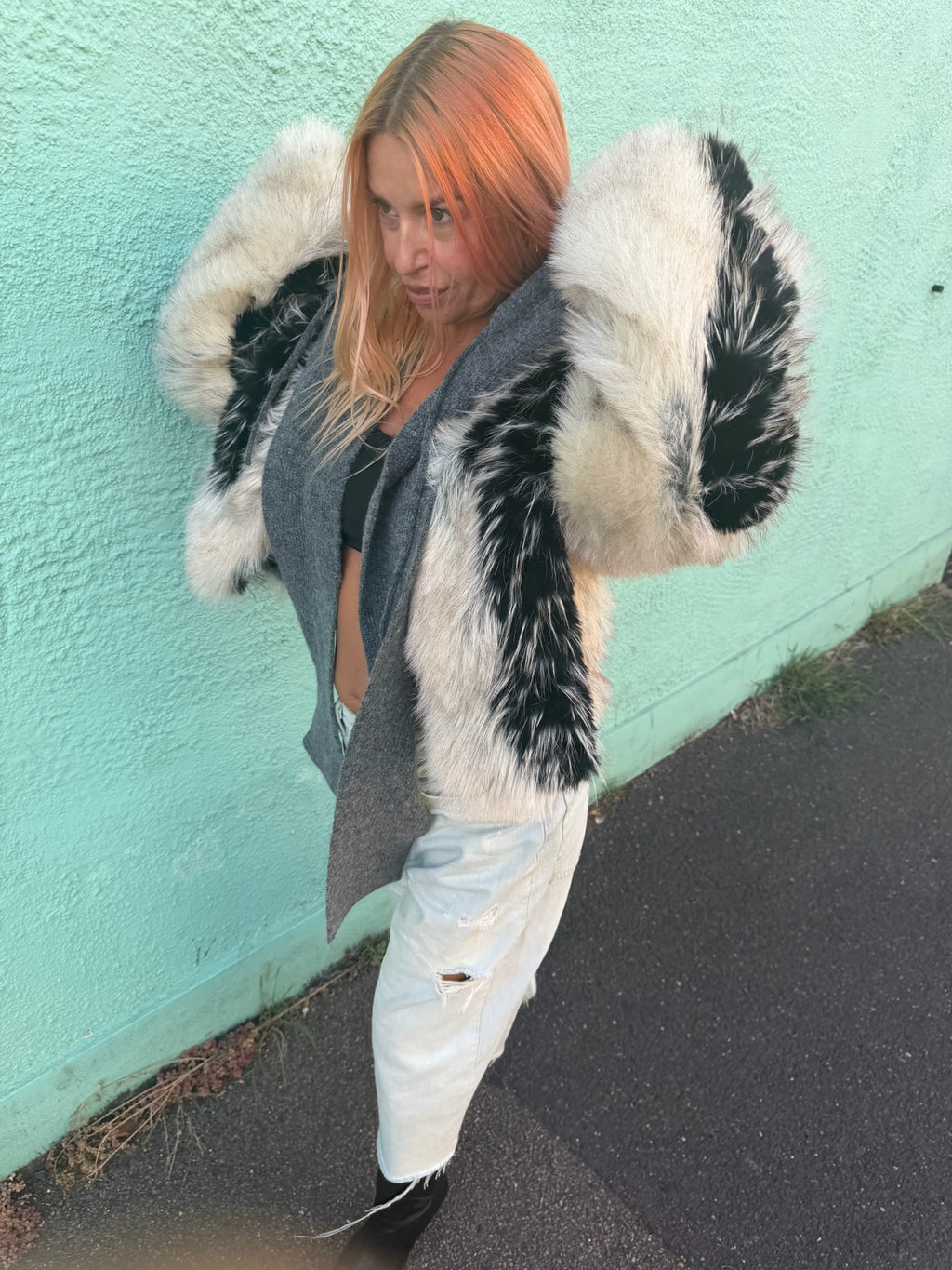 The wool mix silky lined hood scarf in grey