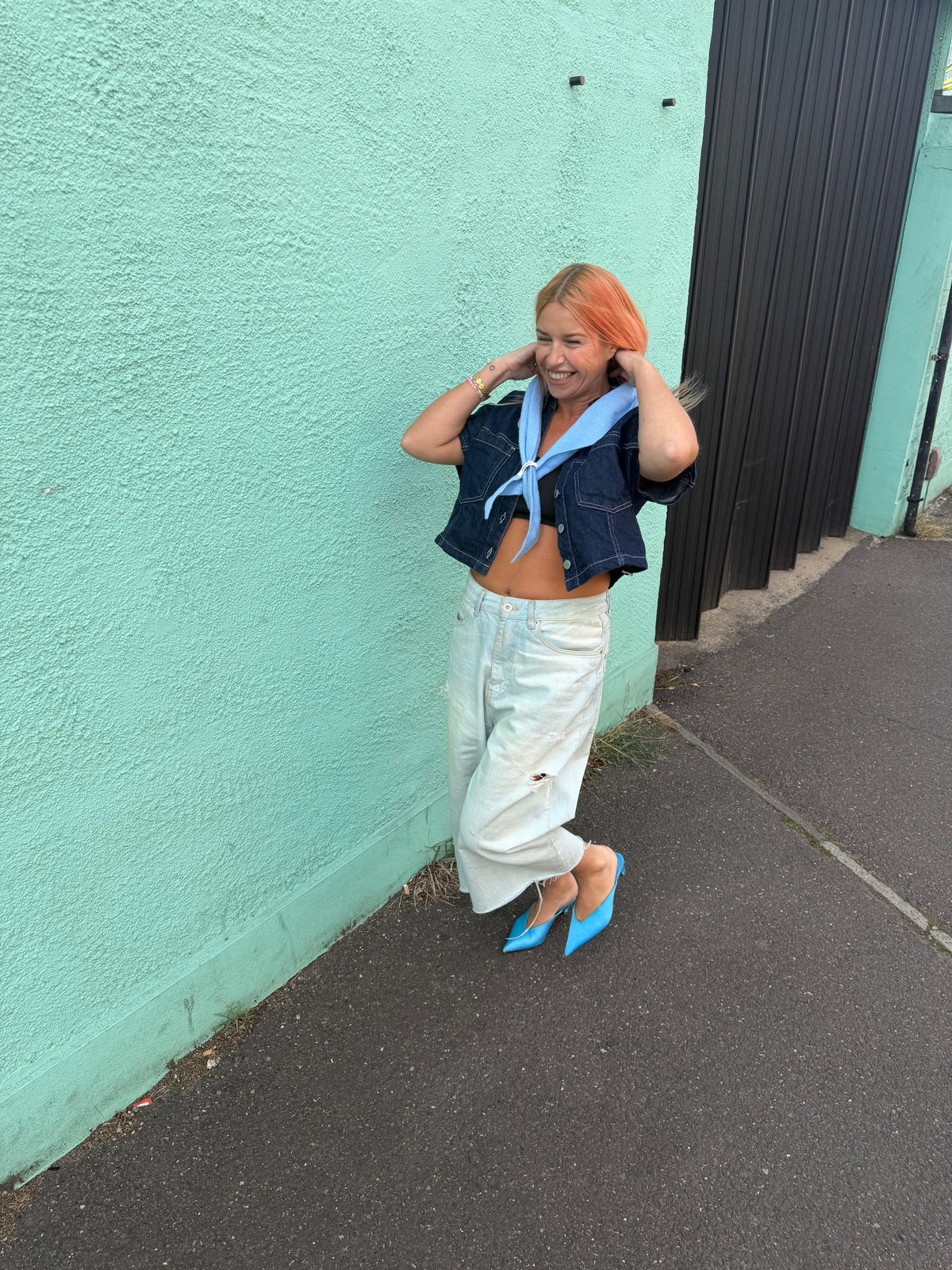 Proud Peach Cashmere Triangle Scarf in Baby Blue