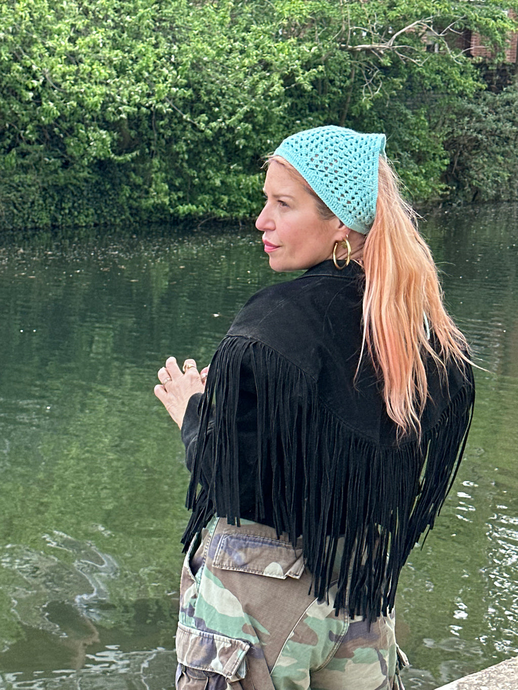 Proud peach hair bandana silky lined in mint