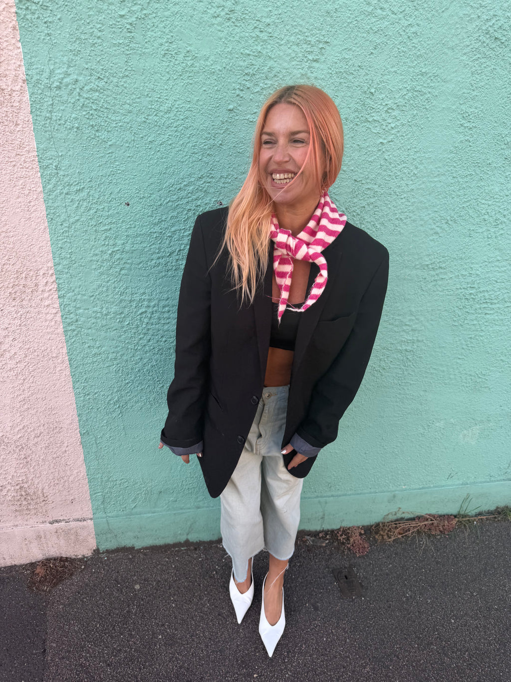 Proud peach lightweight wool blend striped triangle scarf in pink and white