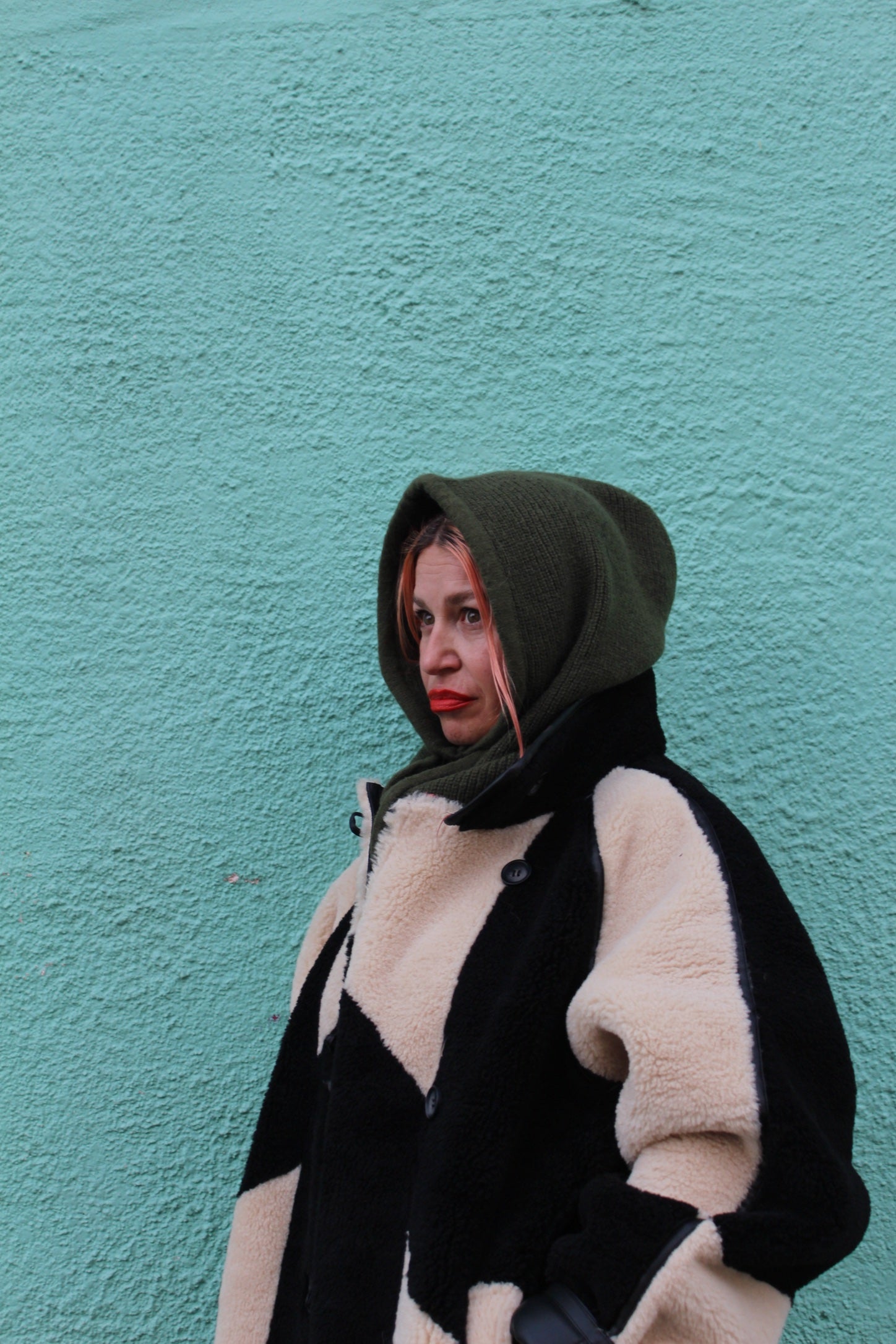 Proud peach silky lined cashmere blend snood in khaki green