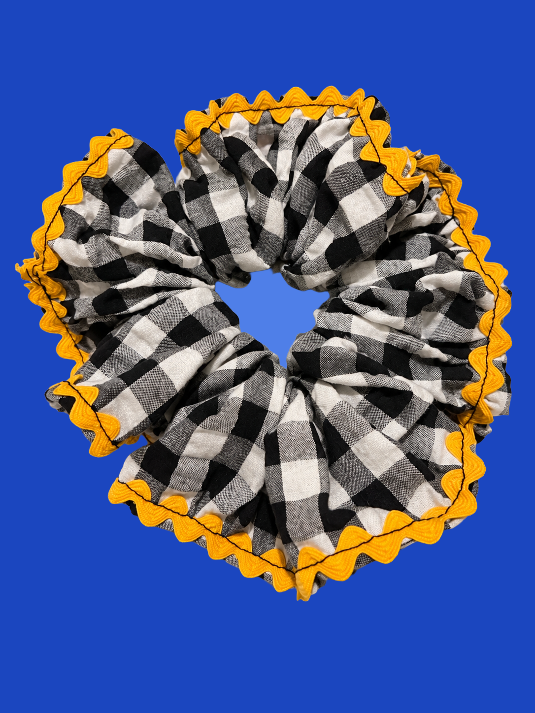 proud peach gingham cotton scrunchie in black white and yellow edging