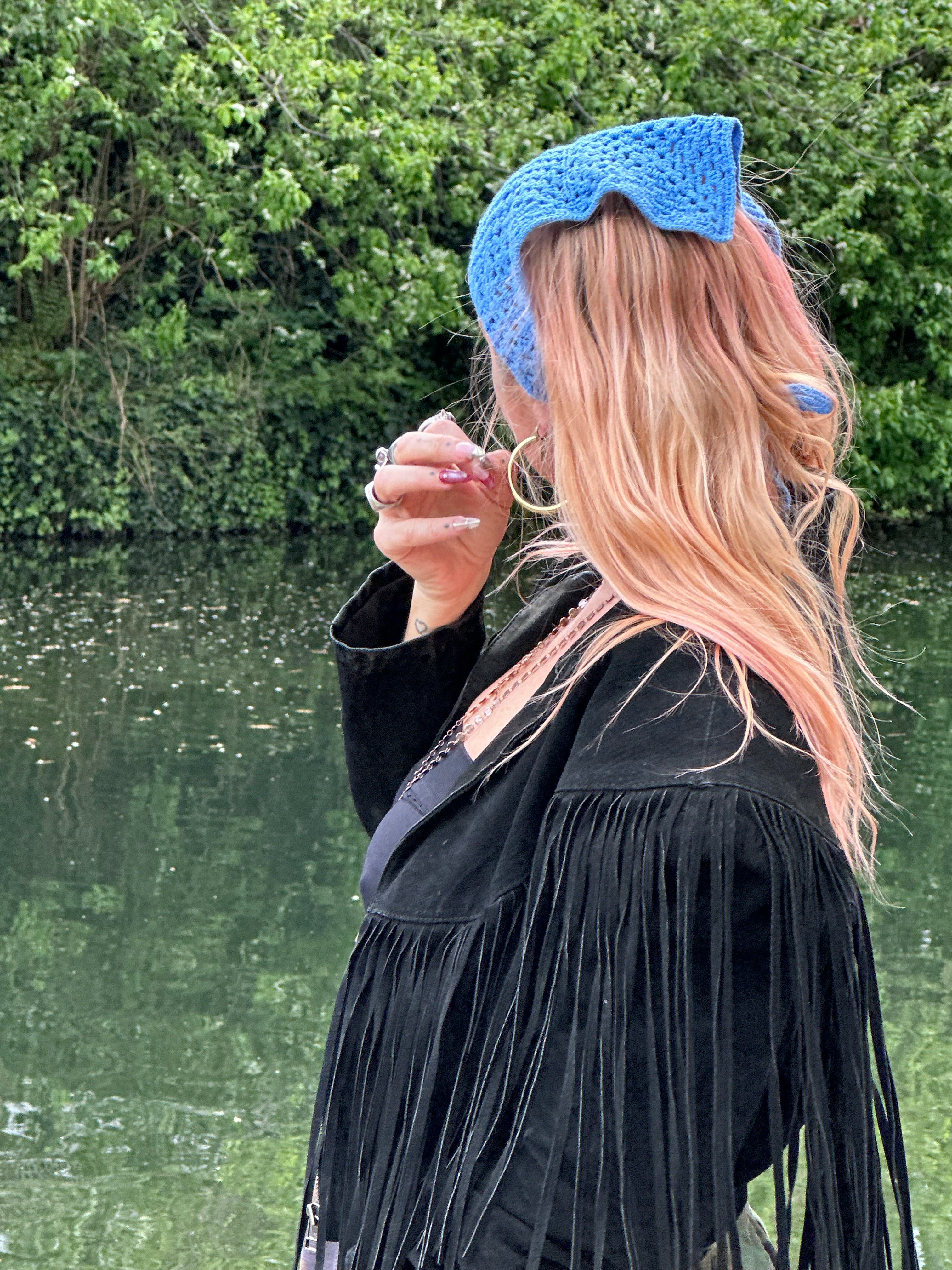 Proud peach hair bandana silky lined in royal blue