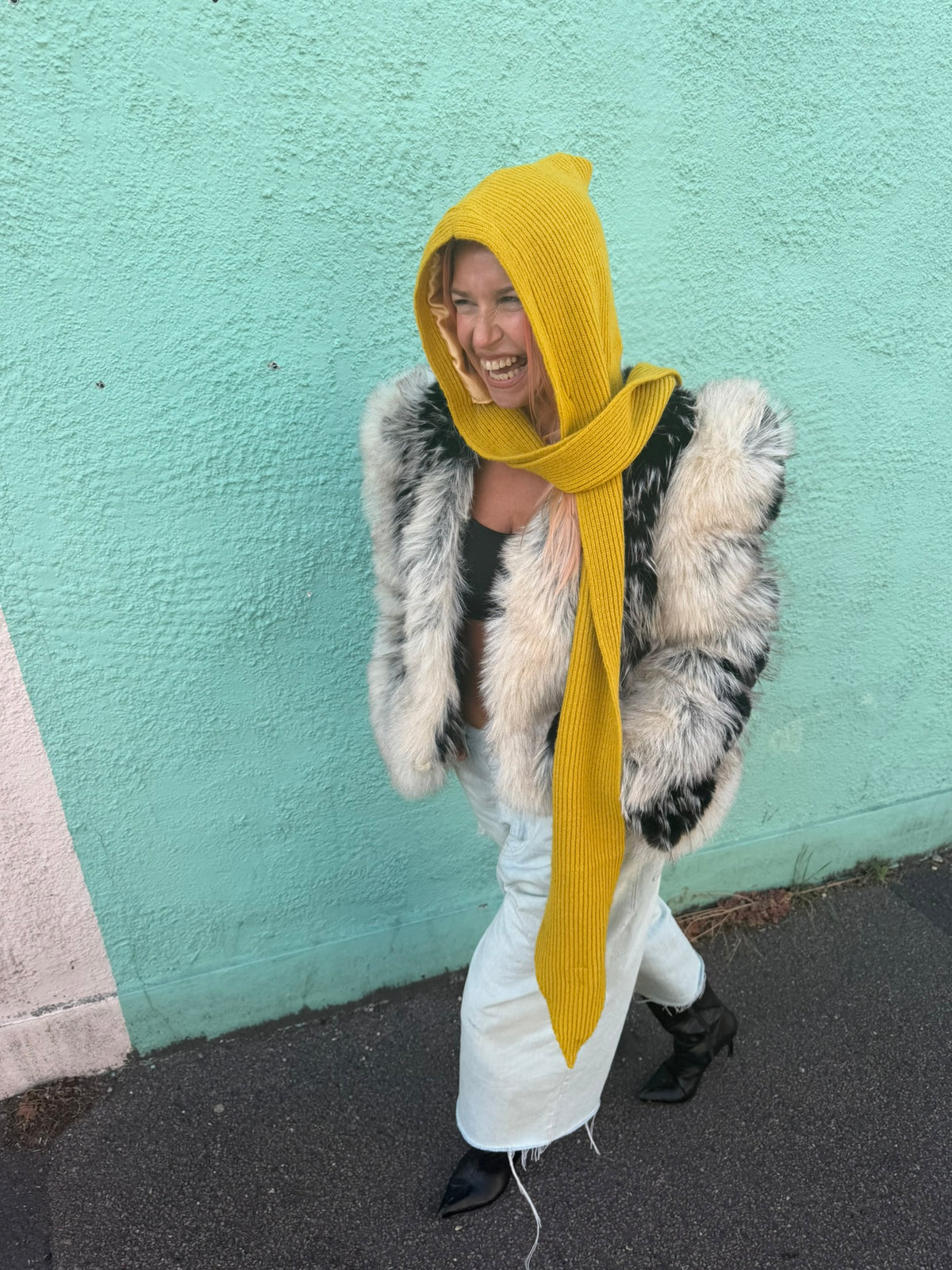 The Silky Lined Hood Scarf in mustard yellow