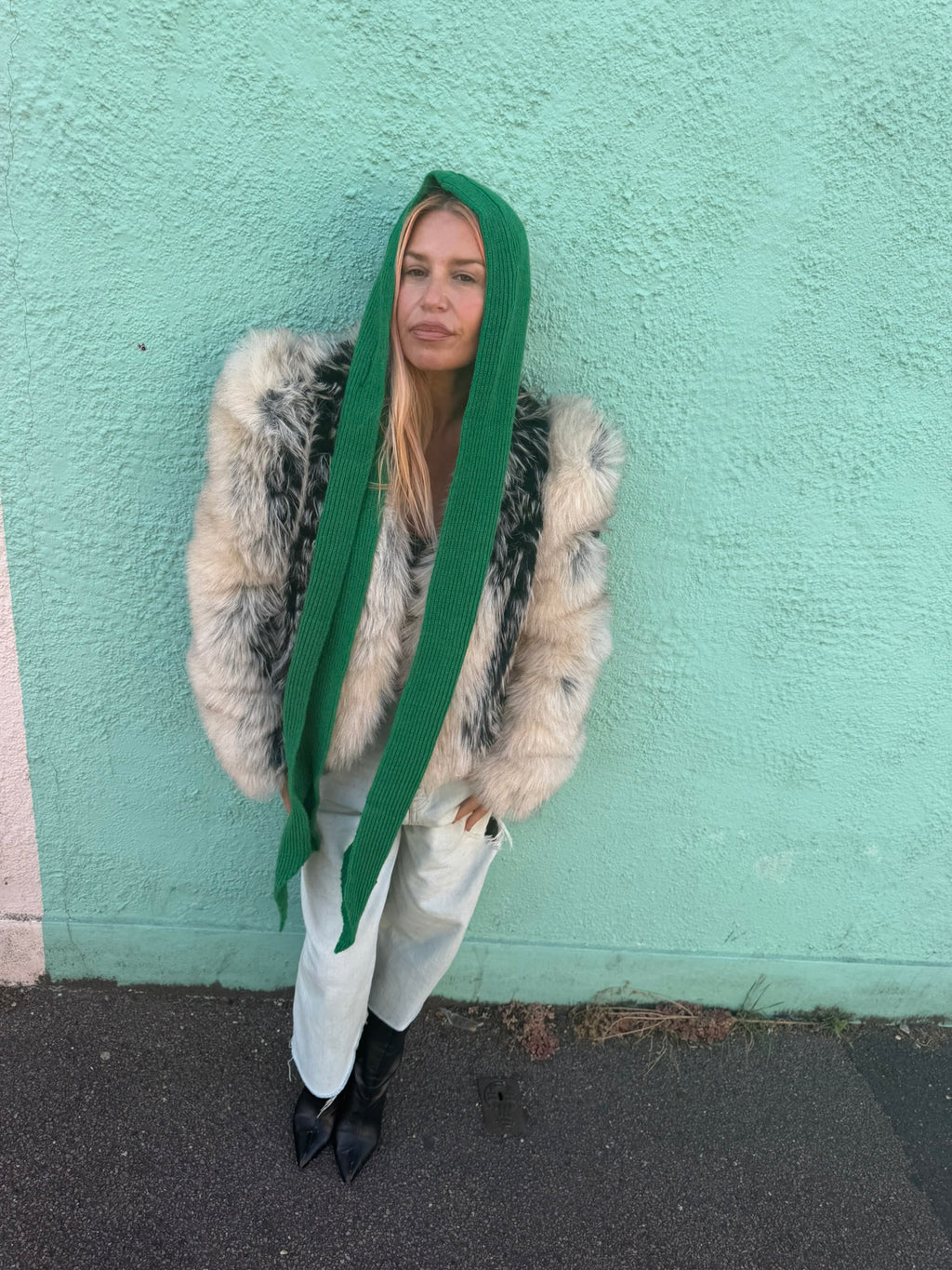 The Silky Lined Hood Scarf in emerald green