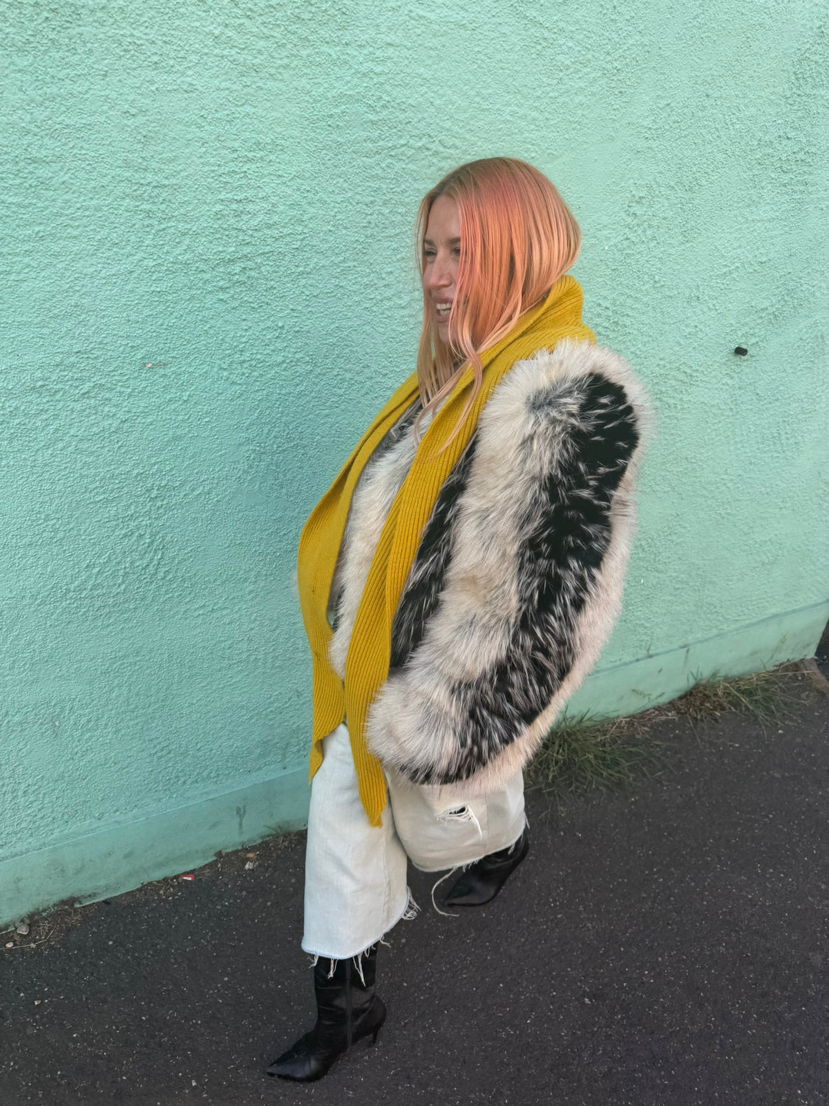 The Silky Lined Hood Scarf in mustard yellow