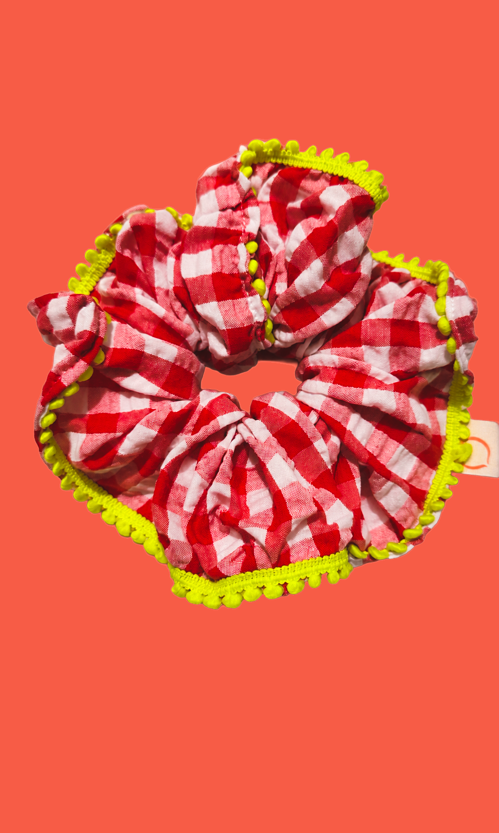 proud peach ginghamcotton scrunchie in red white and fluro yellow eding