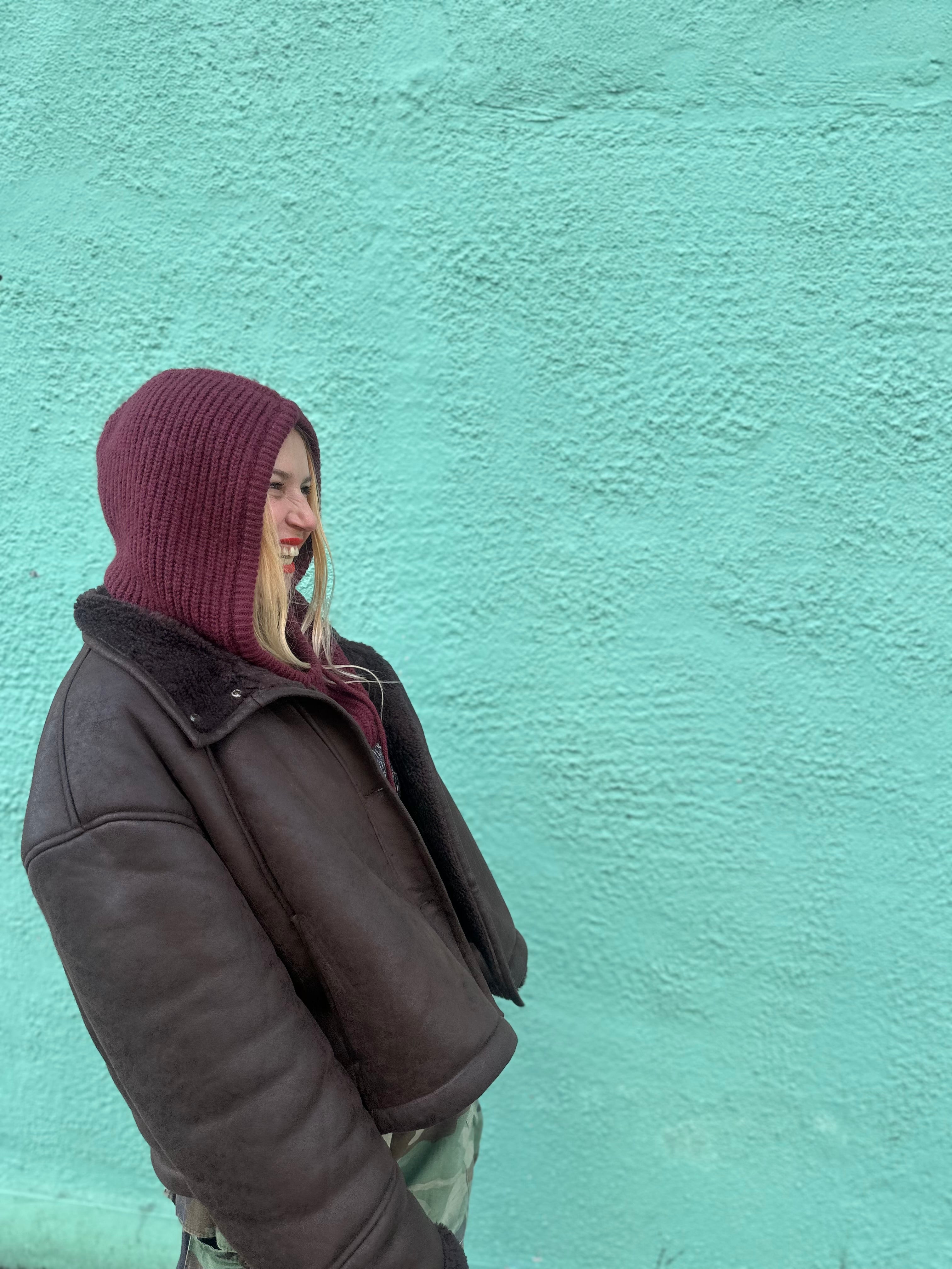 The its proud peach silky lined snood in burgandy