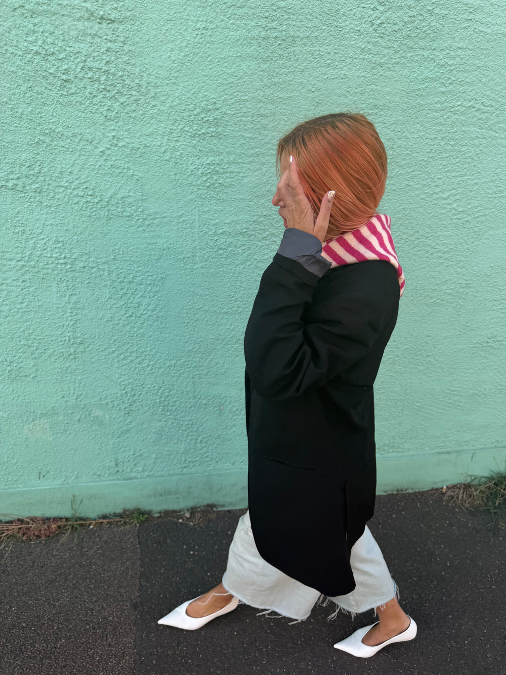 Proud peach lightweight wool blend striped triangle scarf in pink and white