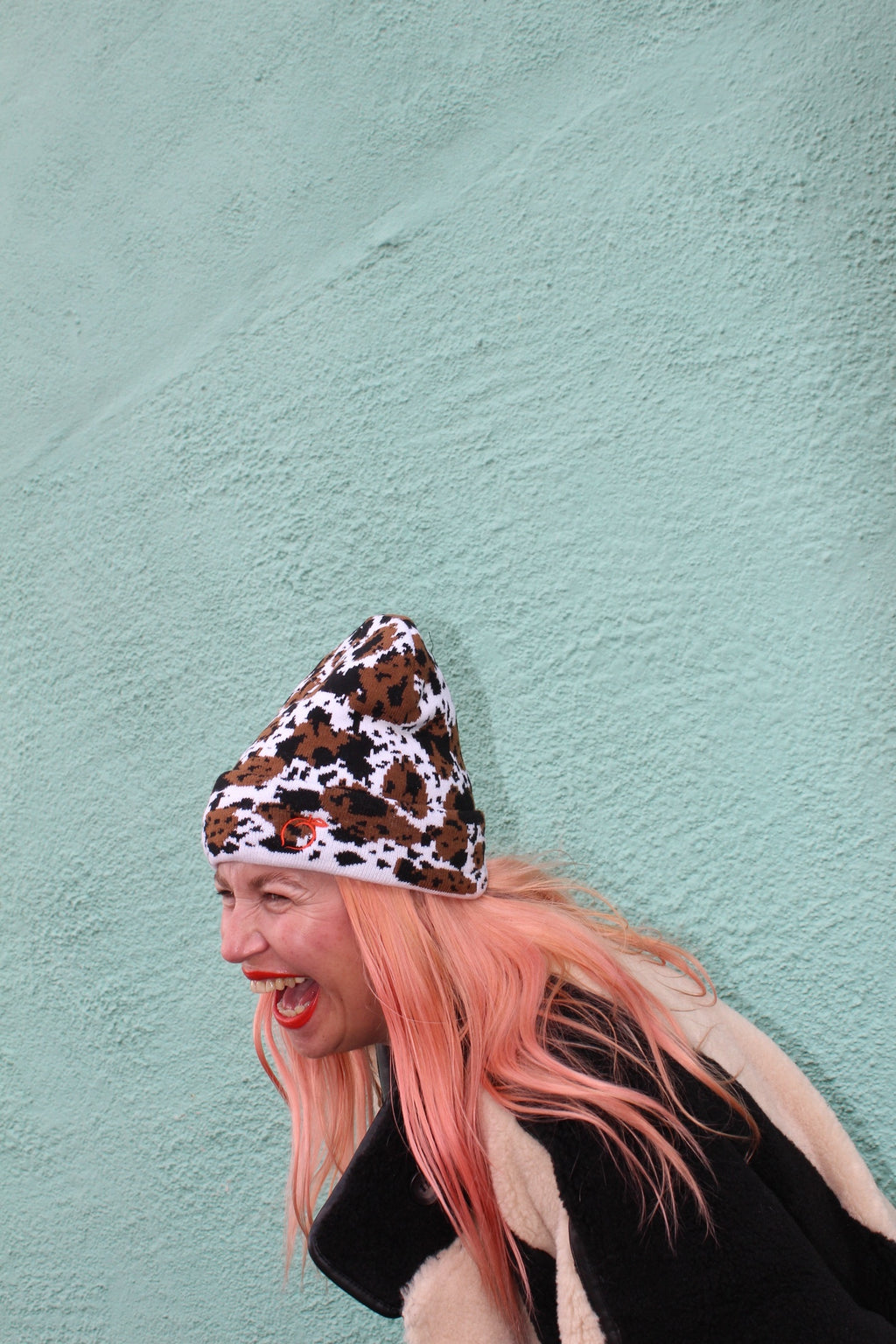 Silky lined beanie in cow print