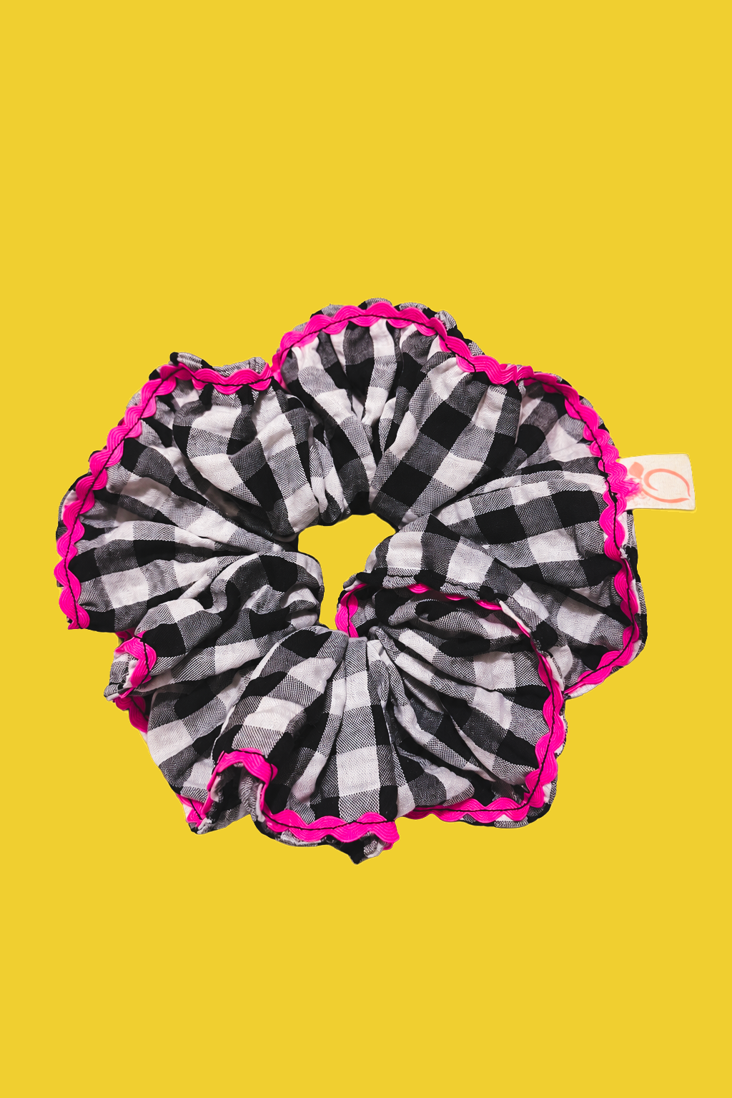 proud peach gingham scrunchie in black white and hot pink eding