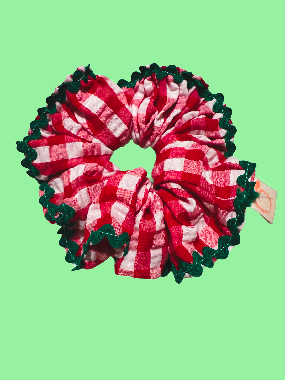 proud peach large gingham scrunchie red white and green edging