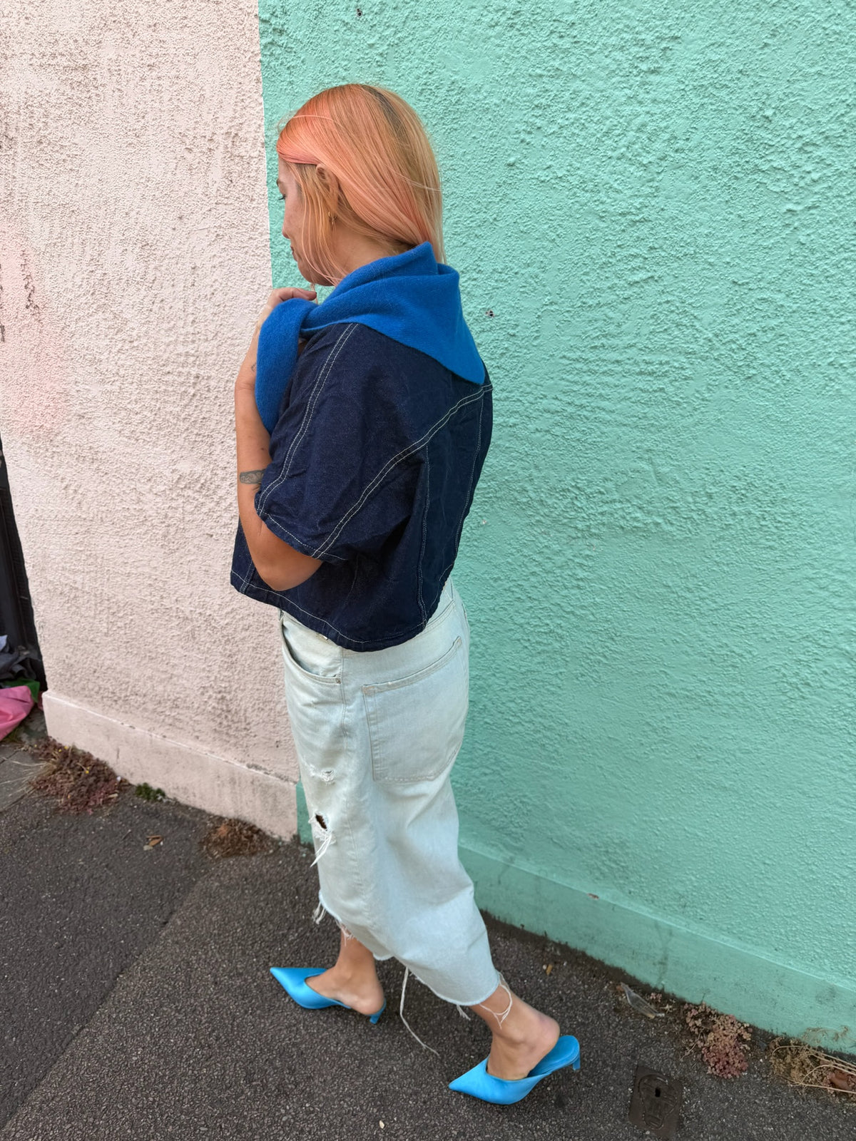 Proud Peach Cashmere Triangle Scarf in Cobalt Blue
