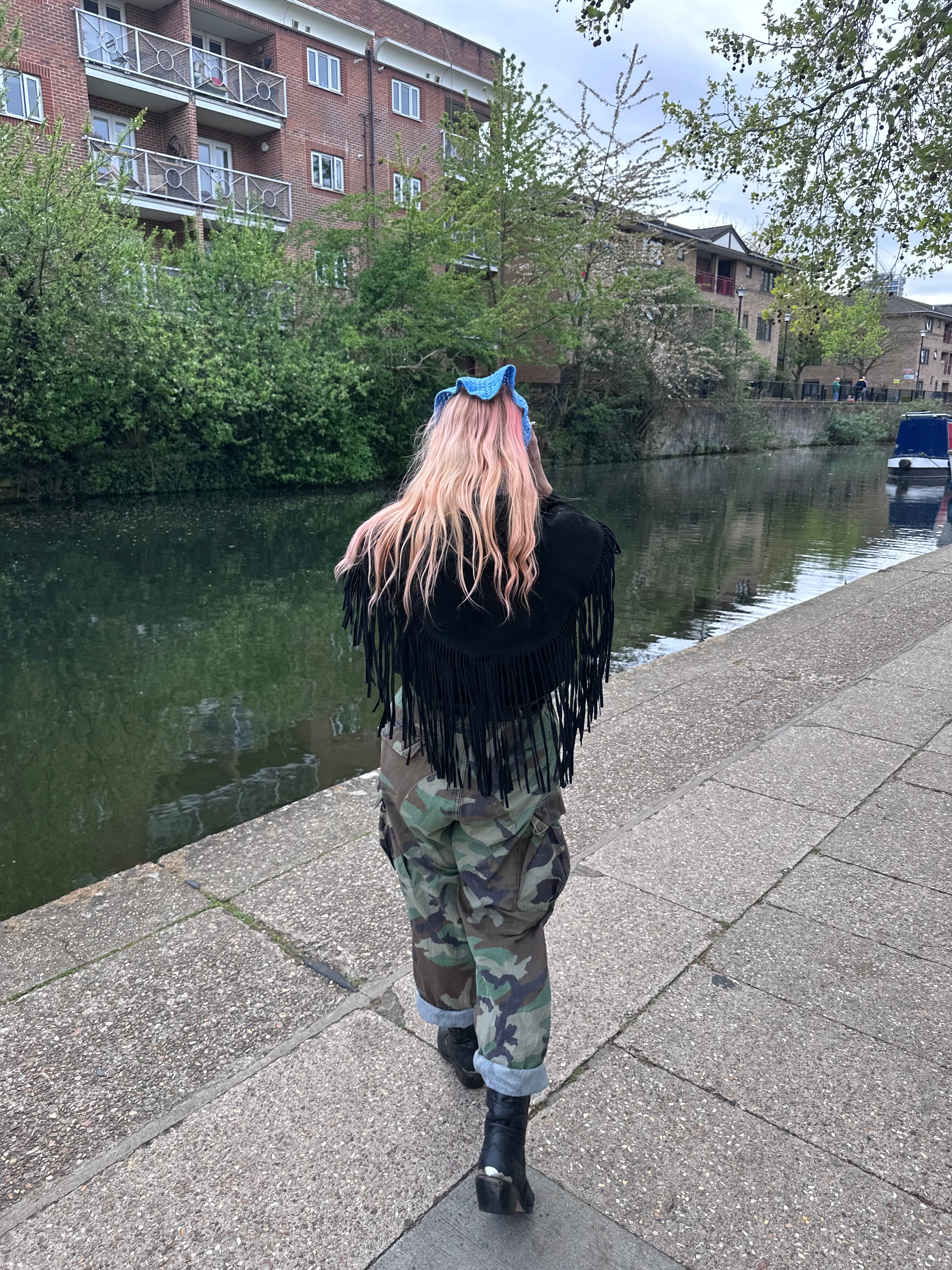 Proud peach hair bandana silky lined in royal blue