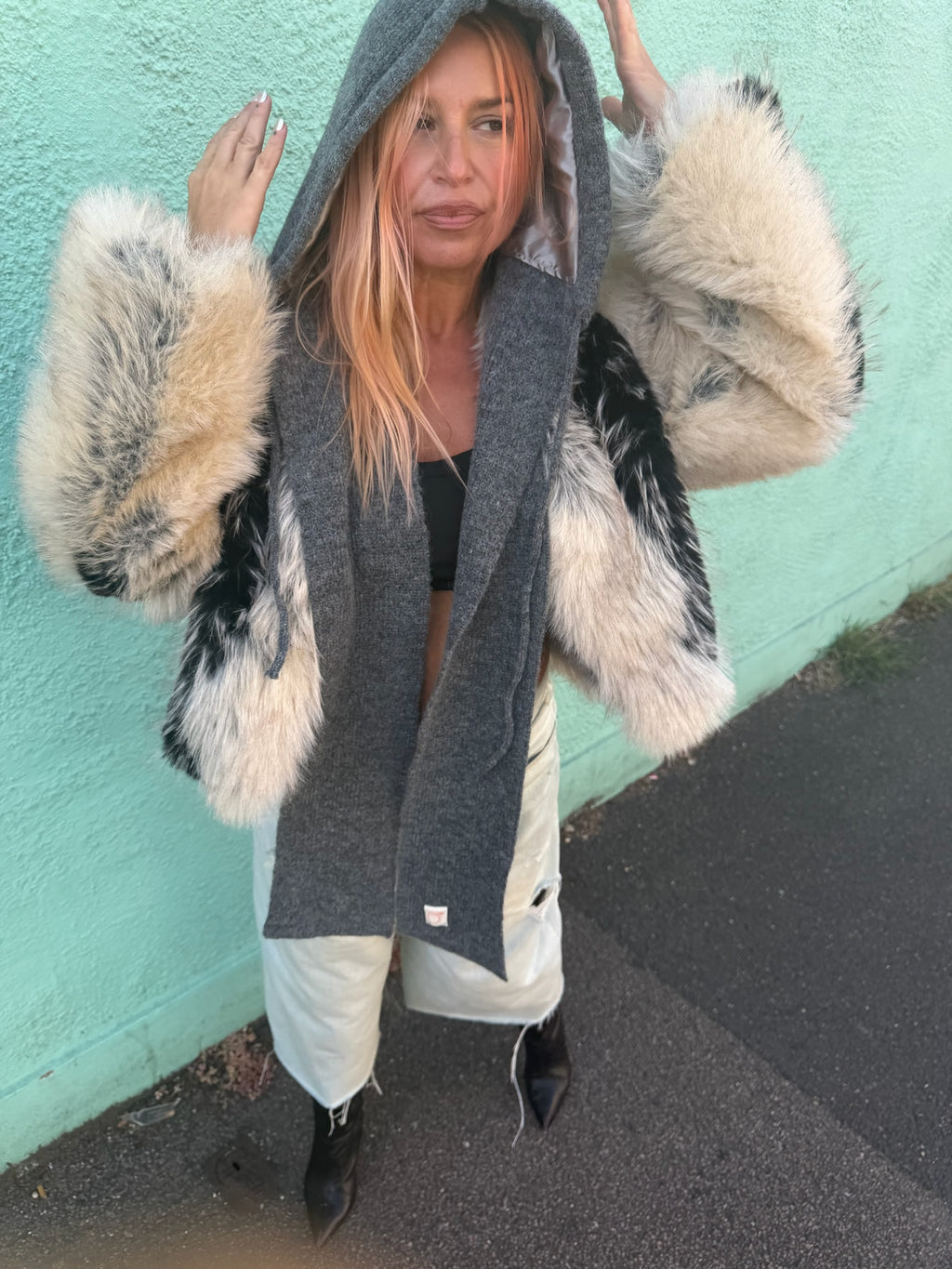 The wool mix silky lined hood scarf in grey