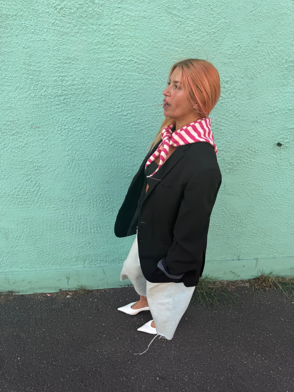 Proud peach lightweight wool blend striped triangle scarf in pink and white