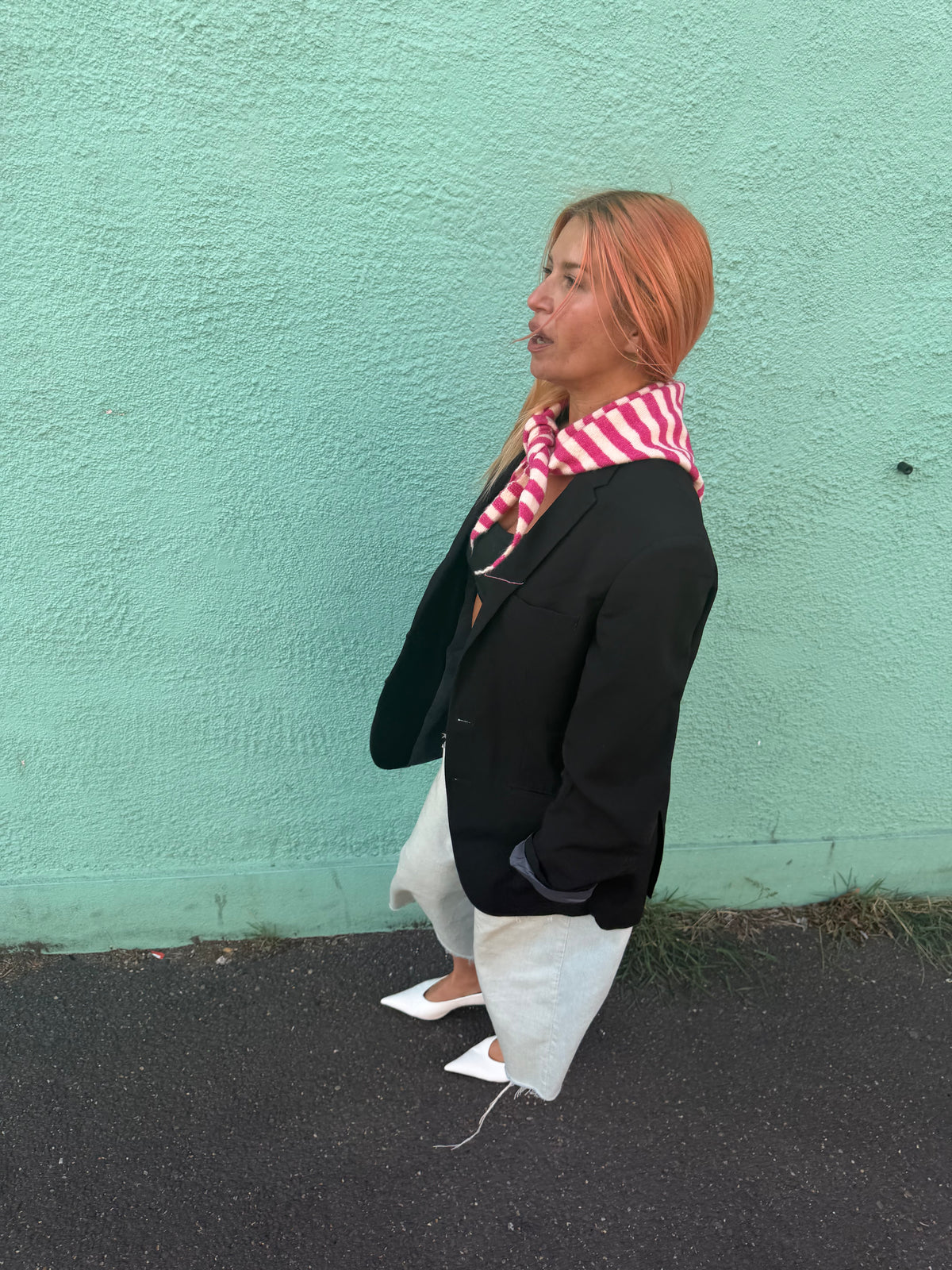 Proud peach lightweight wool blend striped triangle scarf in pink and white