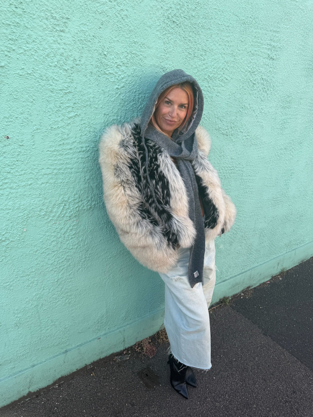 The wool mix silky lined hood scarf in grey