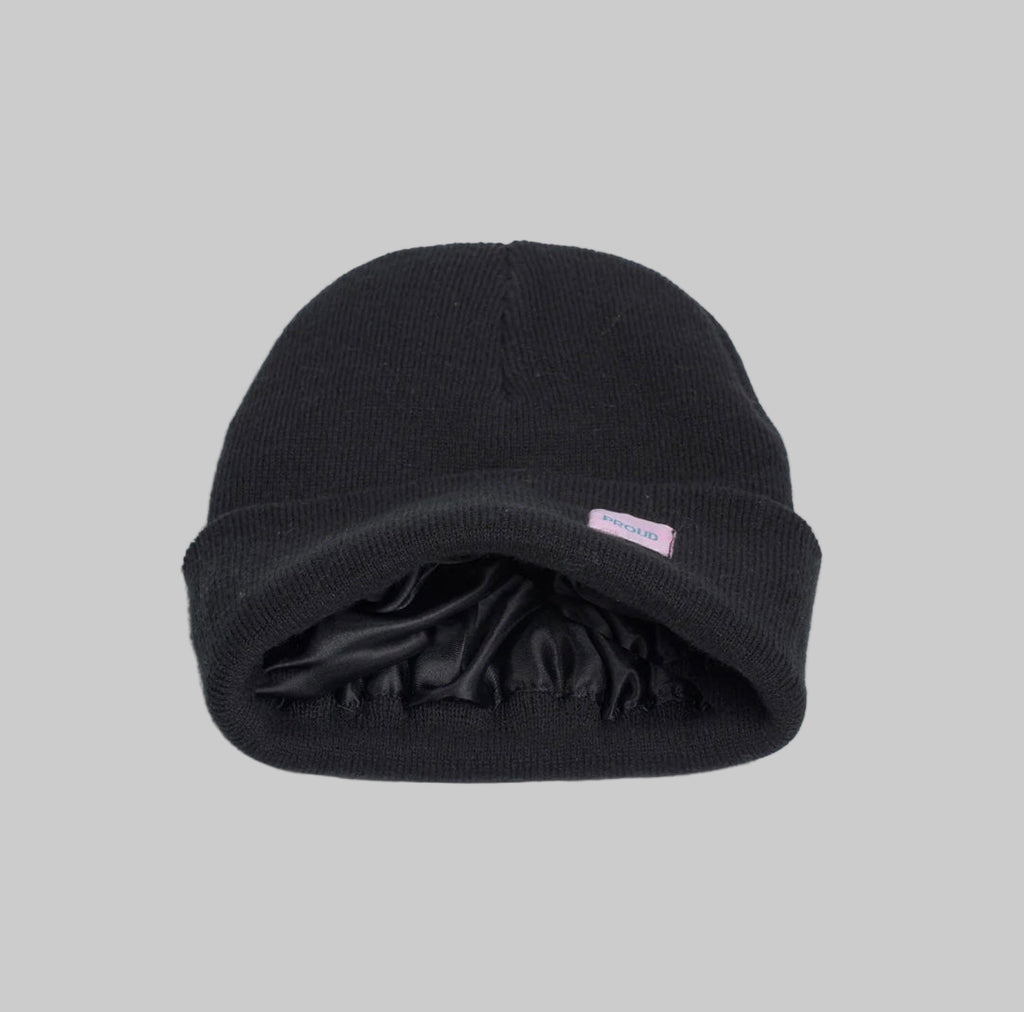 Proud original soft and light beanie in black fully silky lined clearance sale