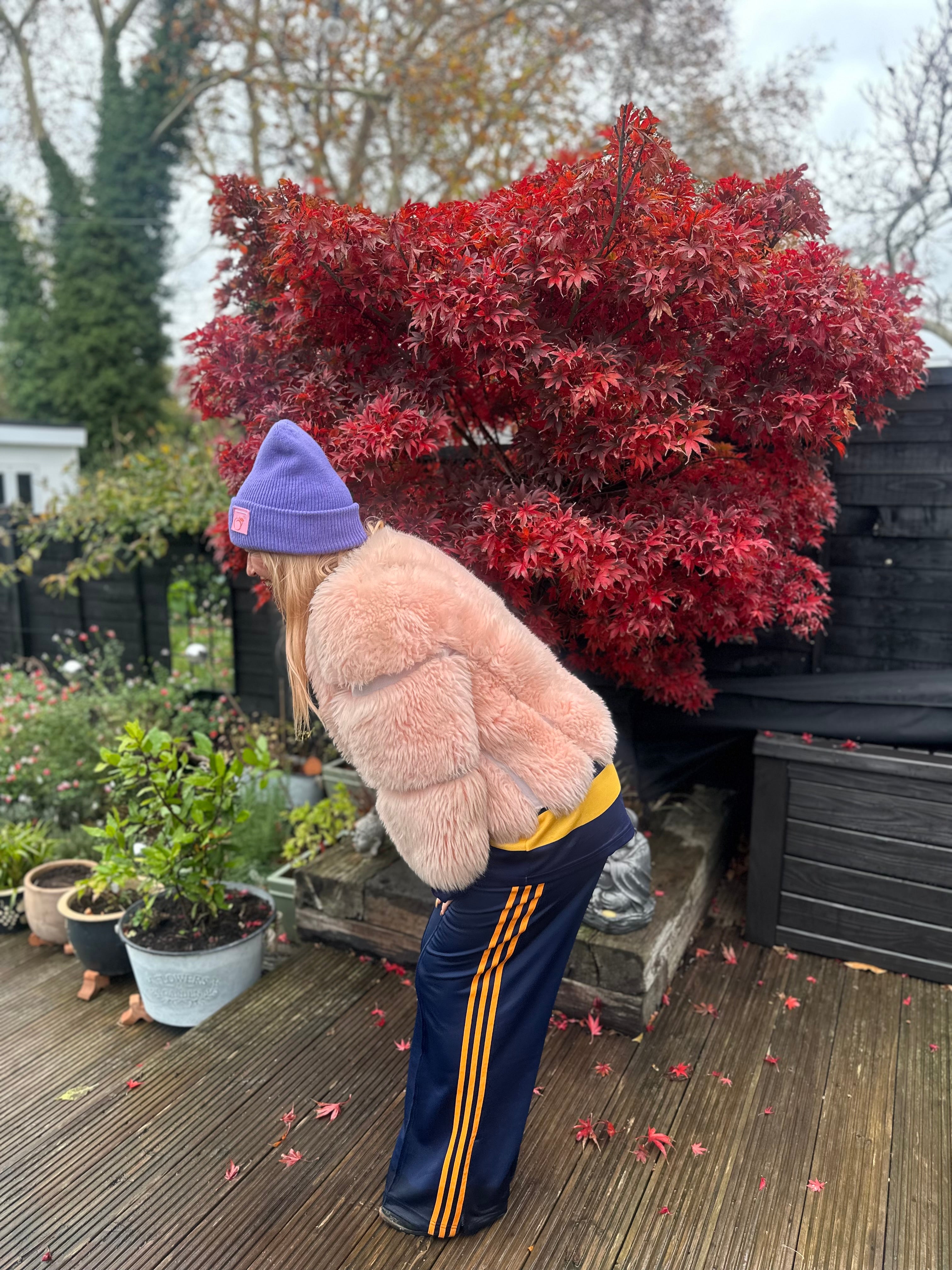 Silky lined peachy plush beanie in lavender