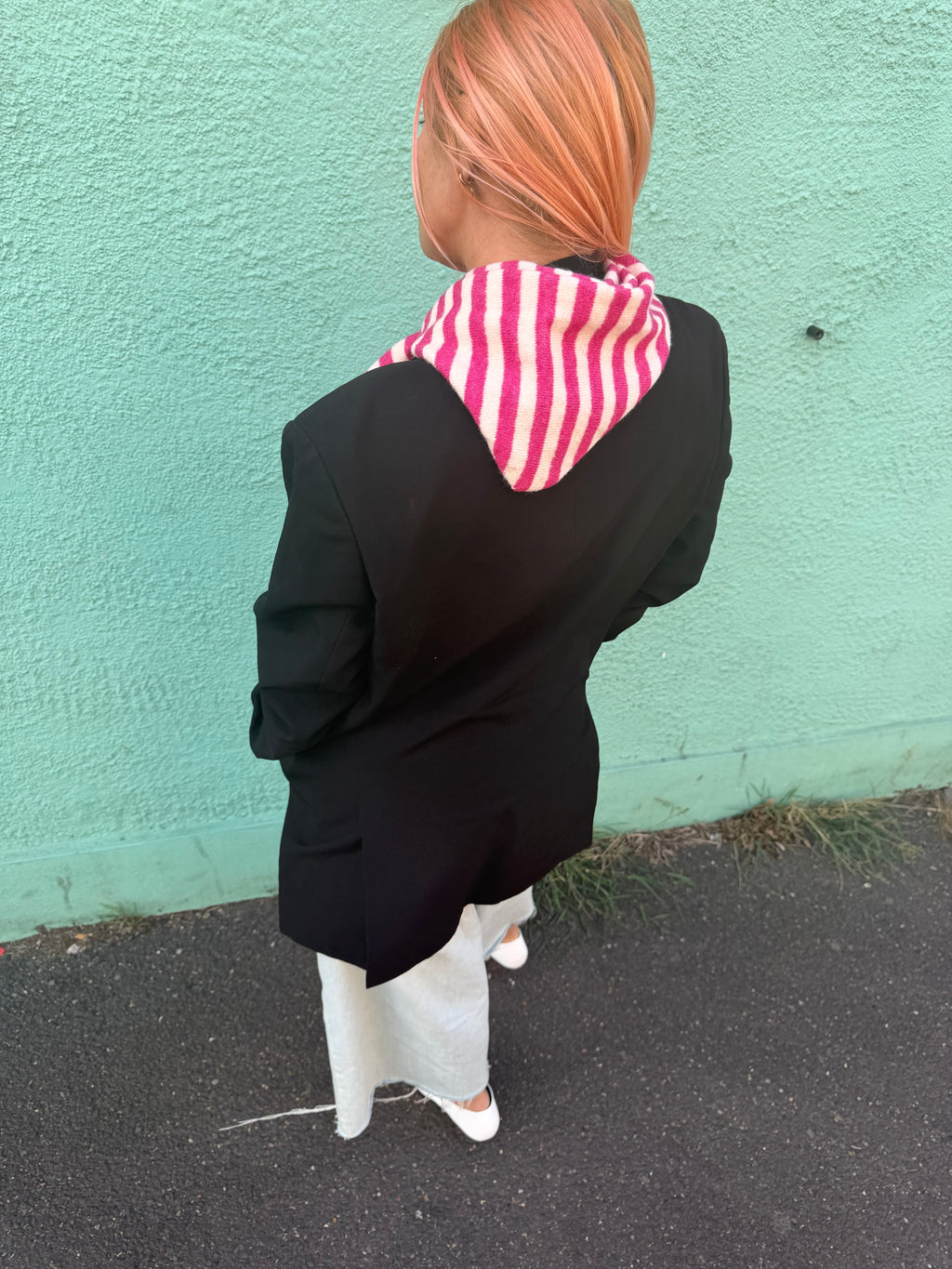 Proud peach lightweight wool blend striped triangle scarf in pink and white