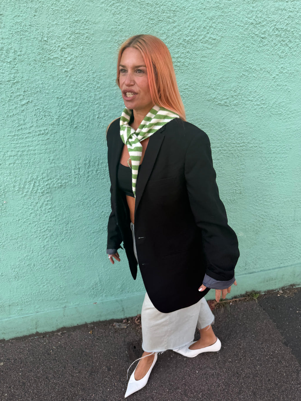 the light weight proud peach stiped two tone triangle scarf green white stripe