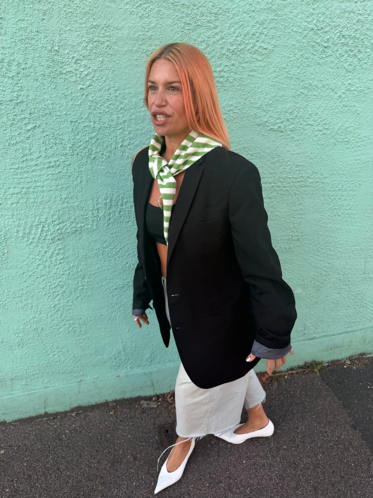 the light weight proud peach stiped two tone triangle scarf green white stripe