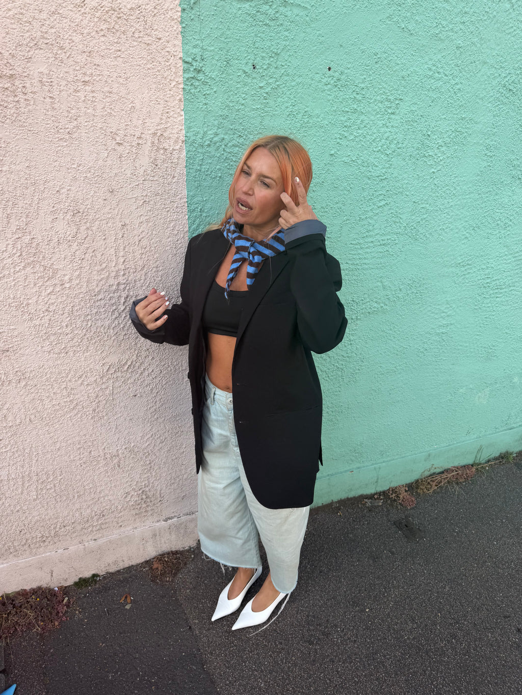 proud peach lihjtweight wool blend triangle scarf in blue brown