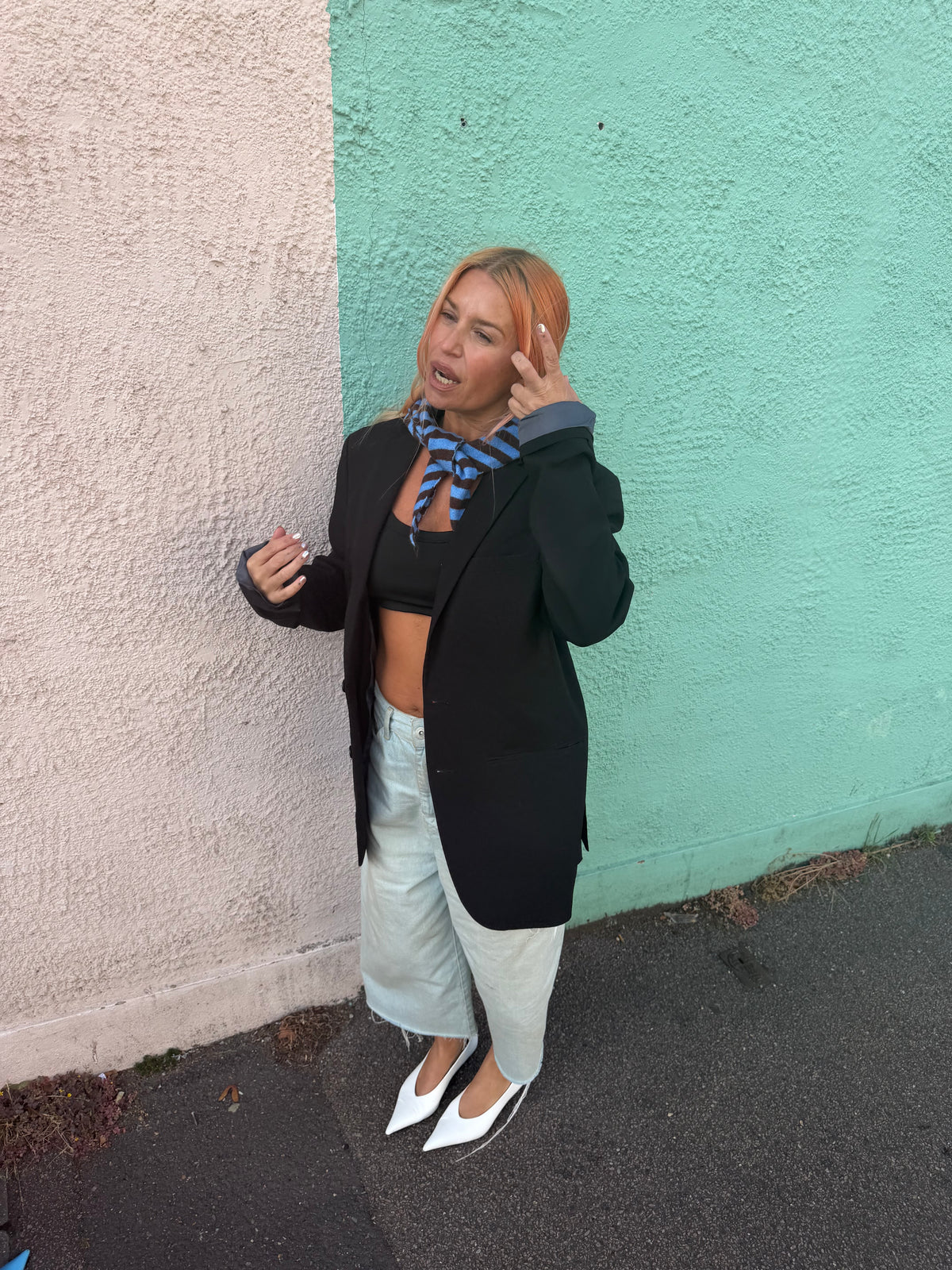 proud peach lihjtweight wool blend triangle scarf in blue brown