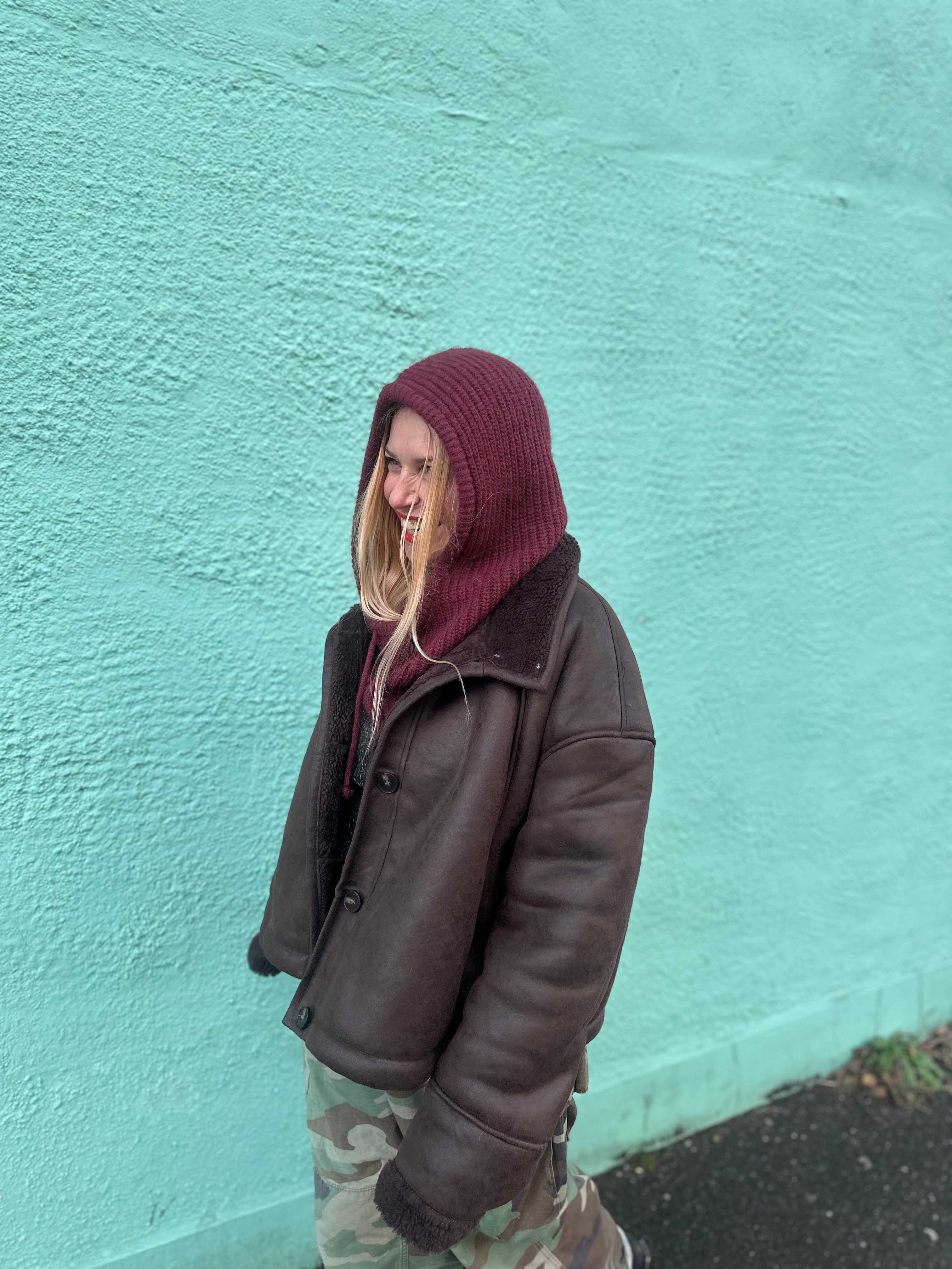 The its proud peach silky lined snood in burgandy