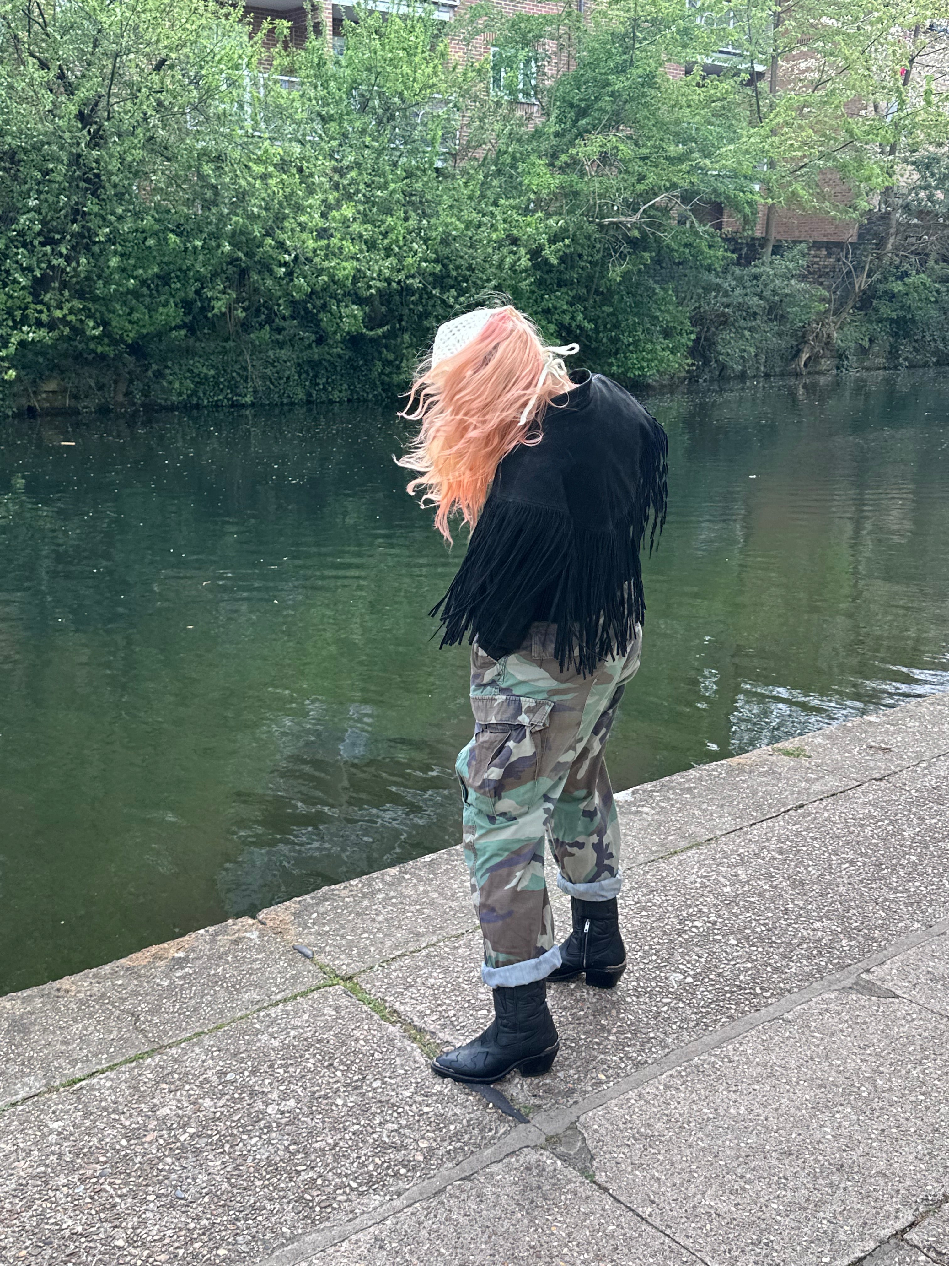 Proud peach hair bandana silky lined in yellow