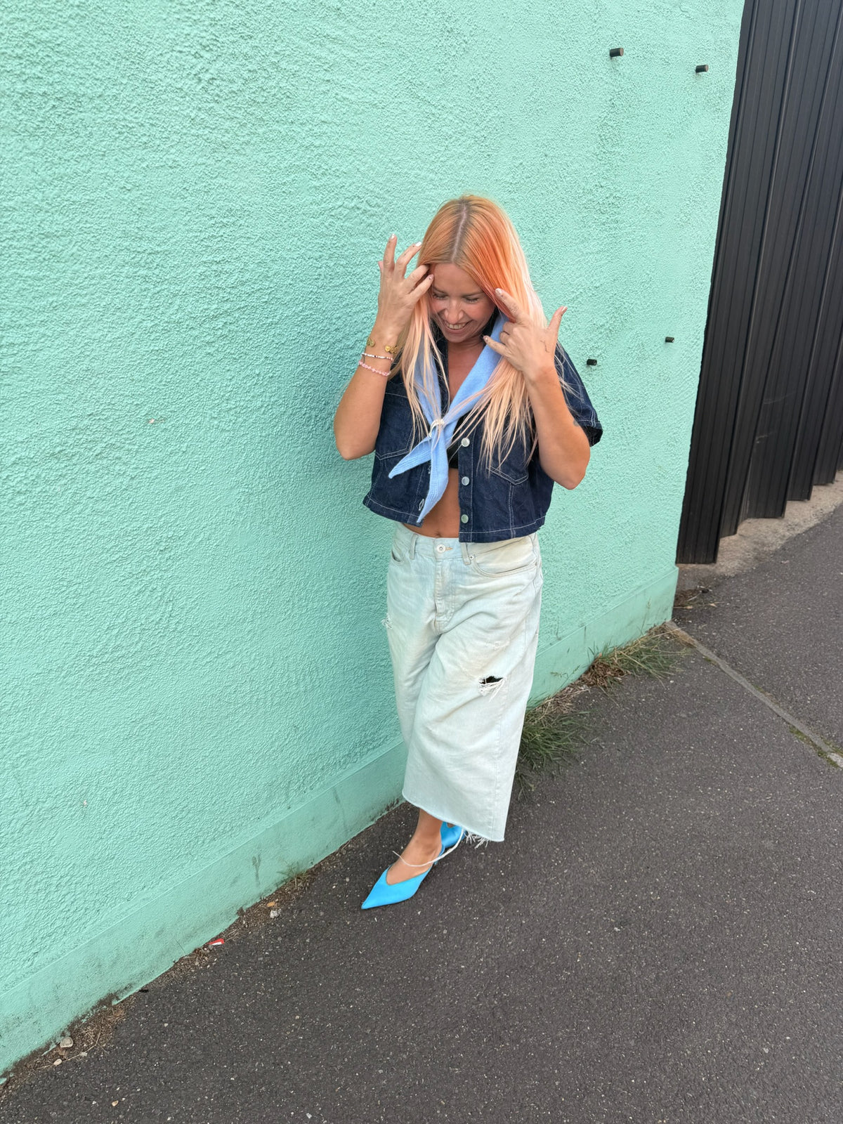 Proud Peach Cashmere Triangle Scarf in Baby Blue