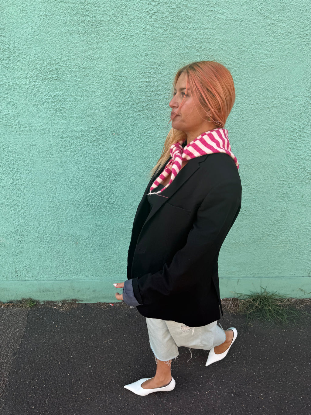 Proud peach lightweight wool blend striped triangle scarf in pink and white