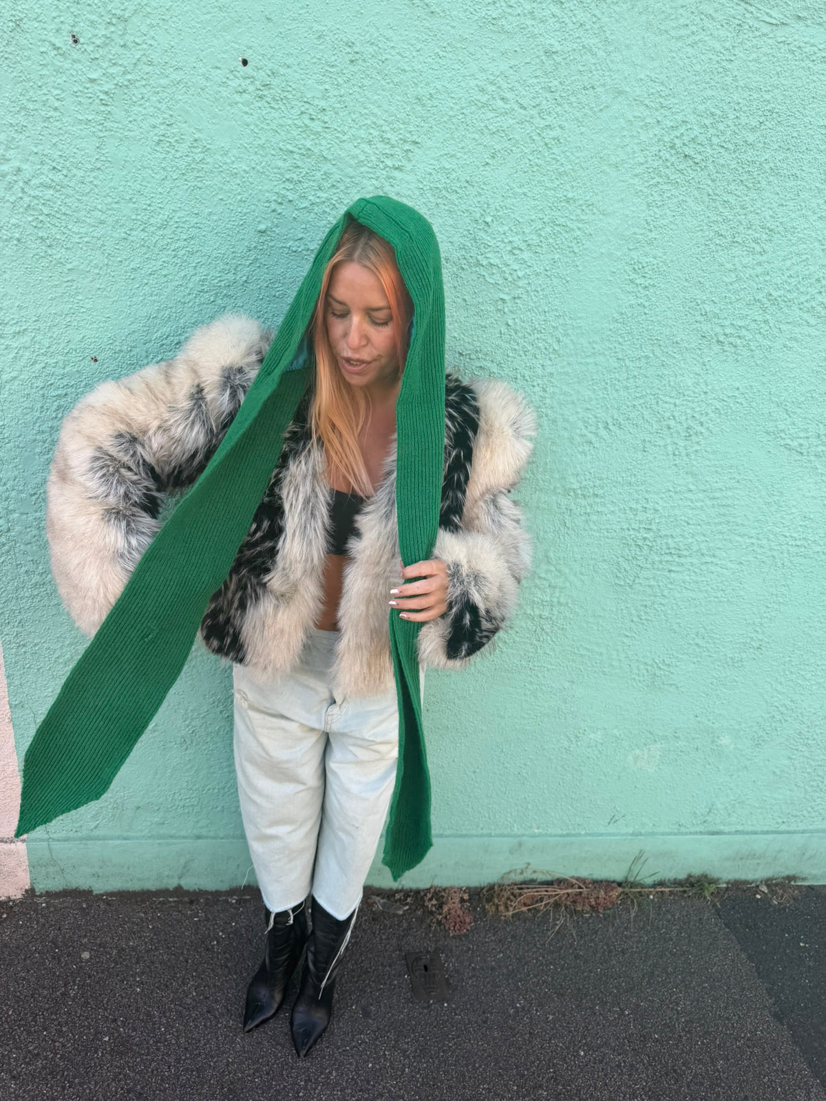 The Silky Lined Hood Scarf in emerald green