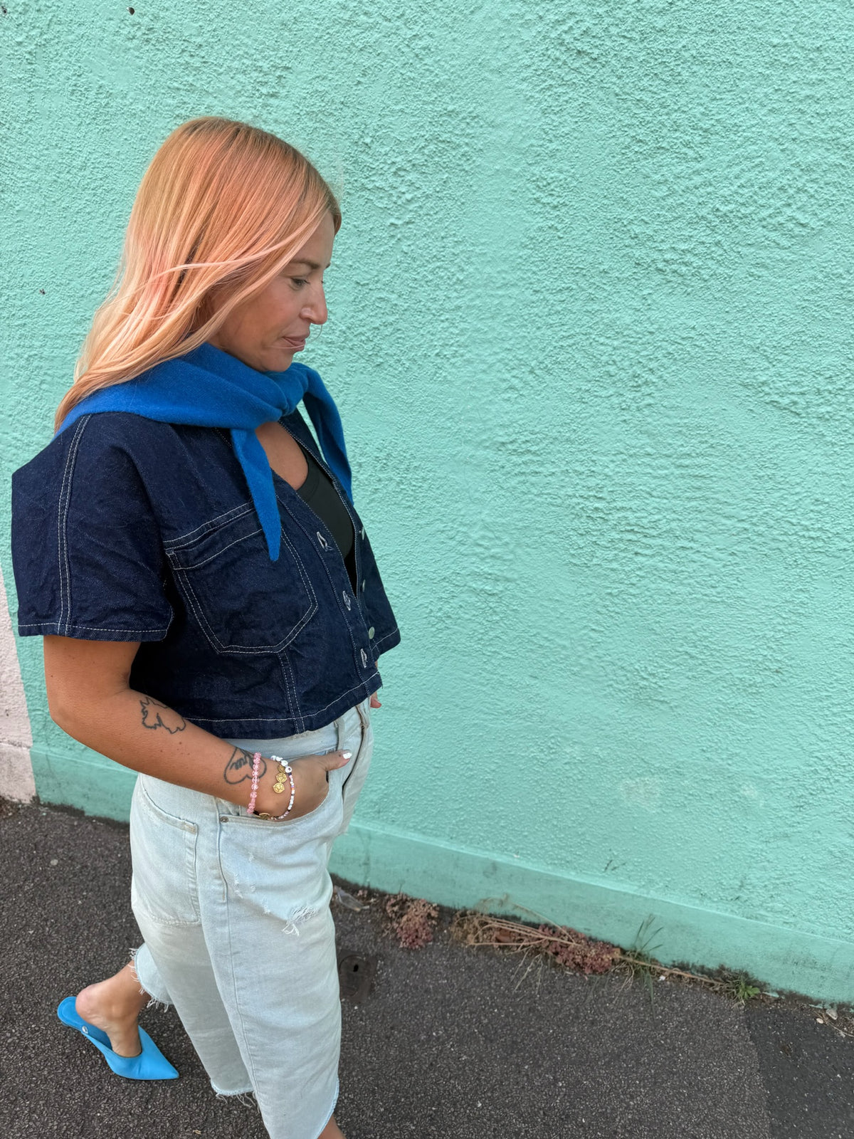 Proud Peach Cashmere Triangle Scarf in Cobalt Blue