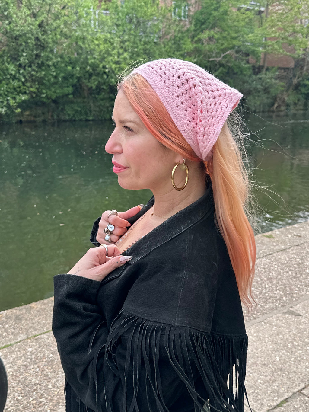 Proud peach hair bandana silky lined in baby pink