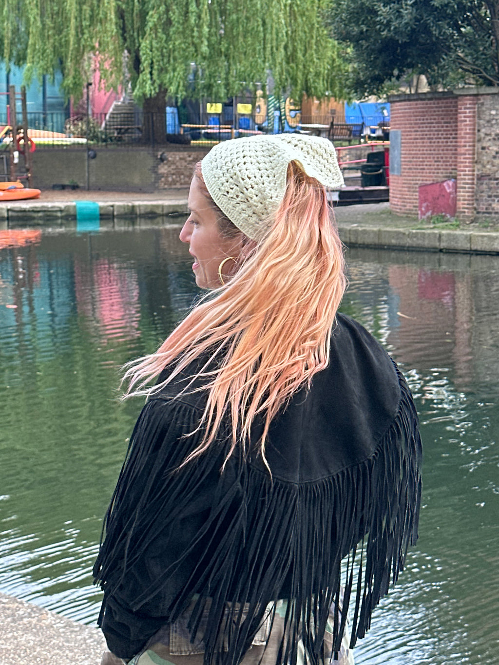 Proud peach hair bandana silky lined in yellow