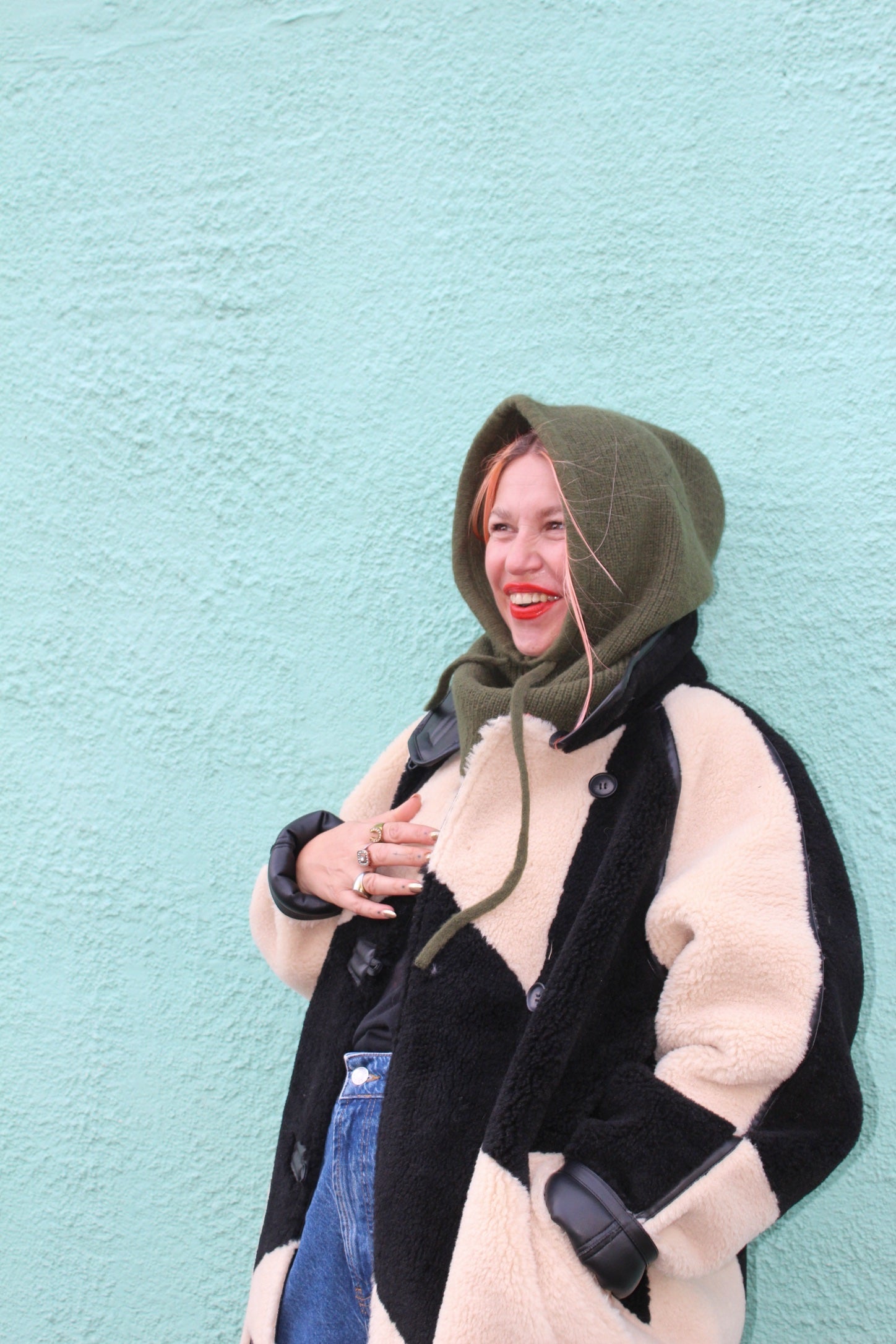 Proud peach silky lined cashmere blend snood in khaki green