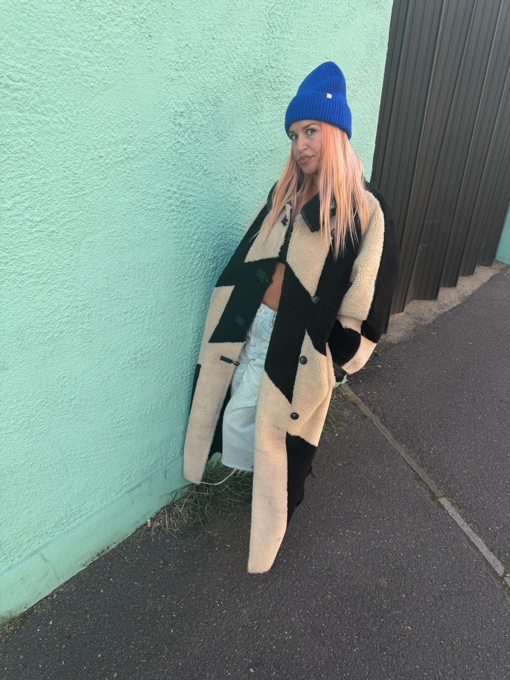 proud peach 100% merino wool silky linede beanie in colbat blue