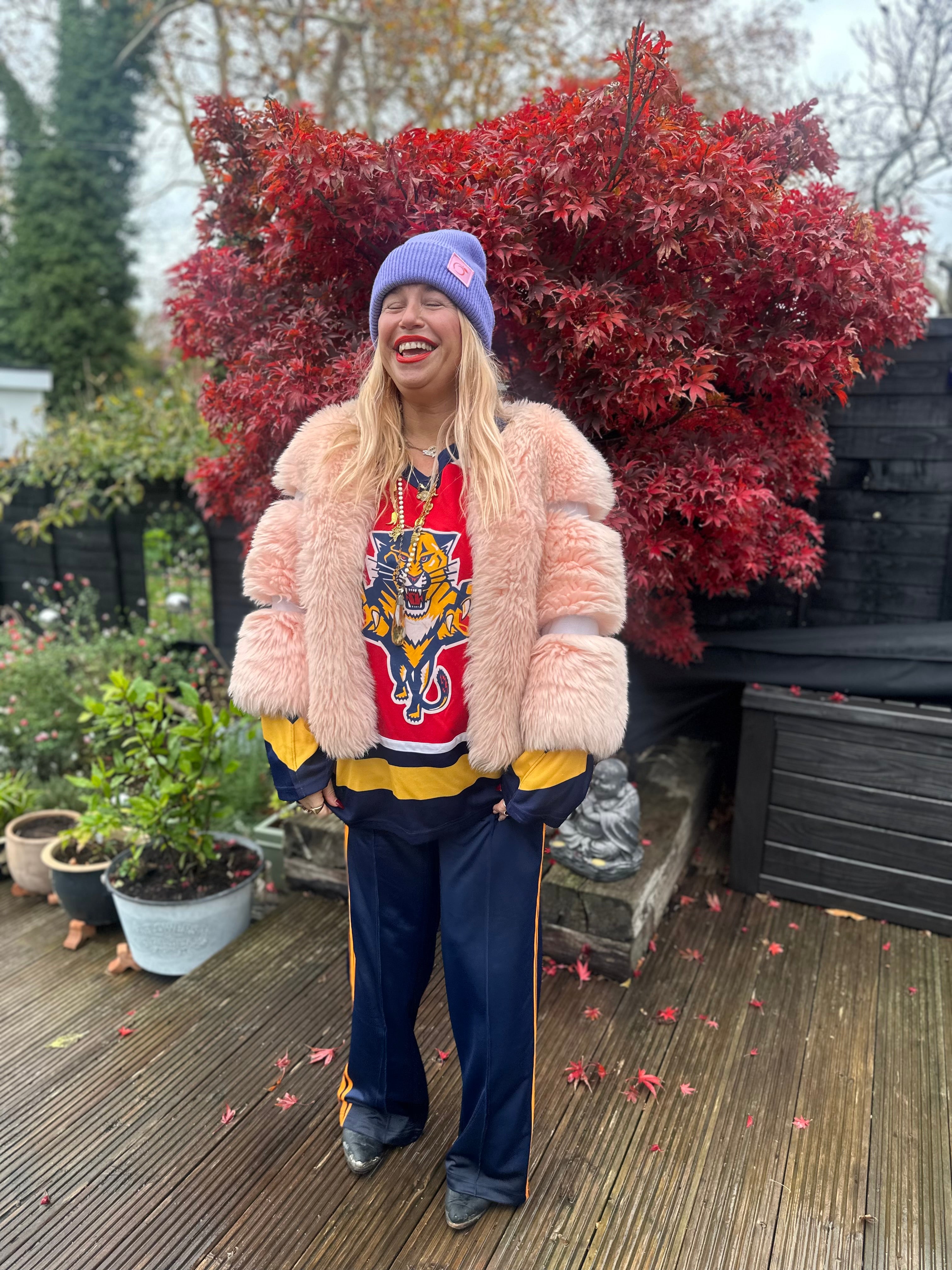 Silky lined peachy plush beanie in lavender