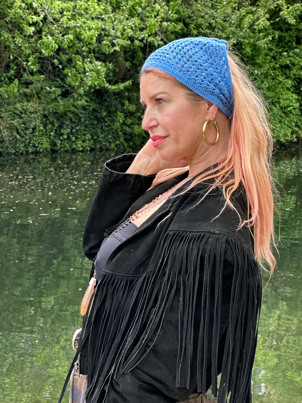 Proud peach hair bandana silky lined in royal blue