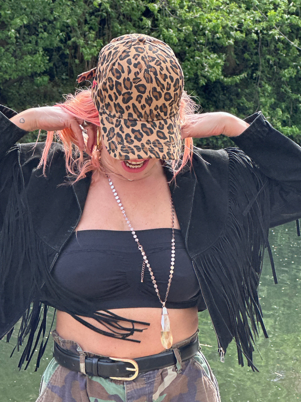 Proud peach silky lined cap in brown leopard