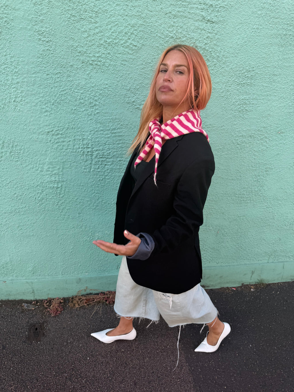 Proud peach lightweight wool blend striped triangle scarf in pink and white
