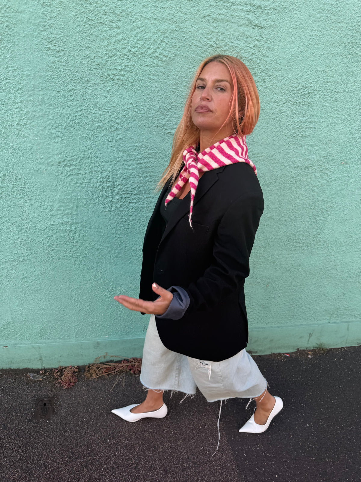 Proud peach lightweight wool blend striped triangle scarf in pink and white
