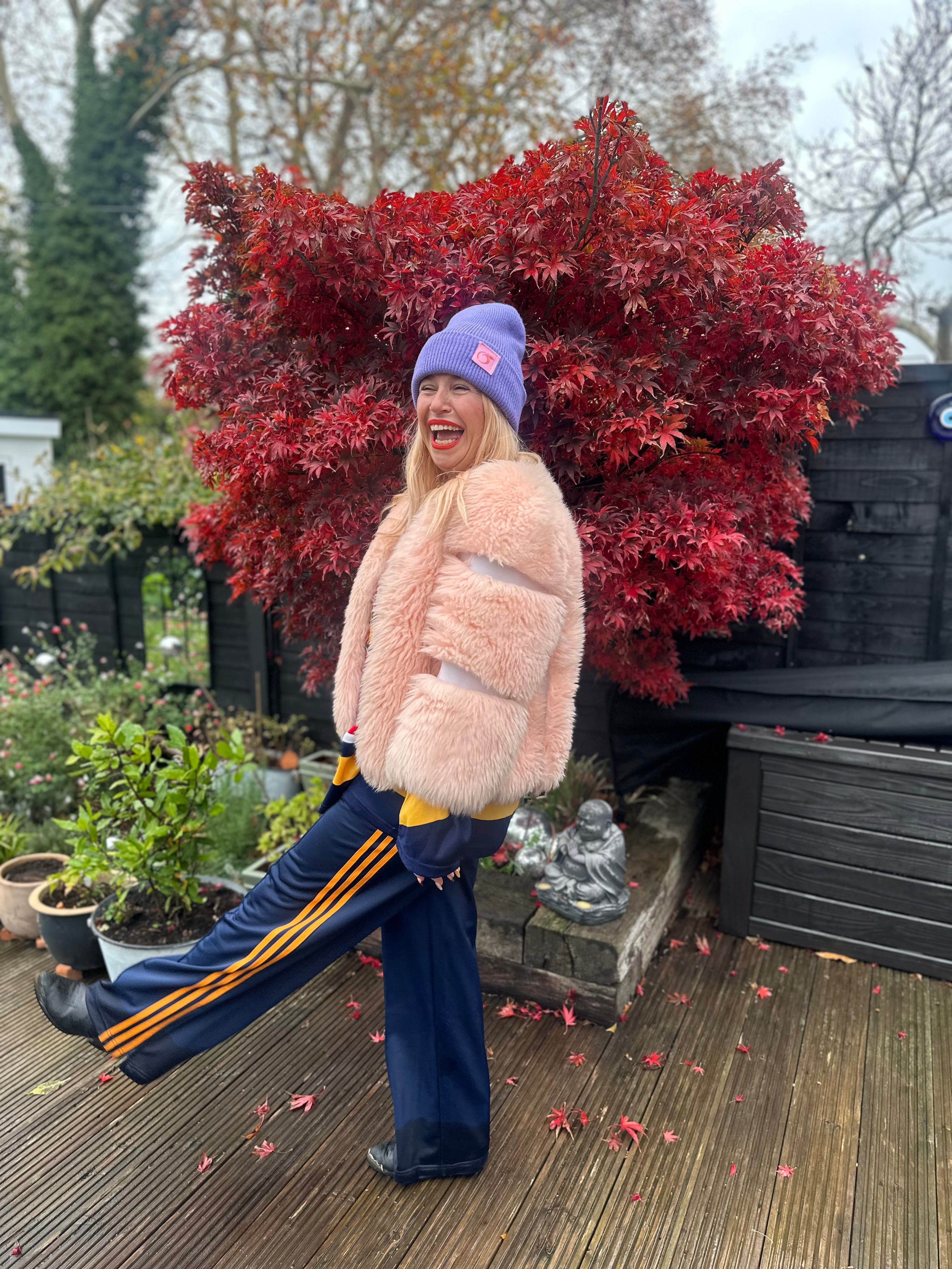 Silky lined peachy plush beanie in lavender